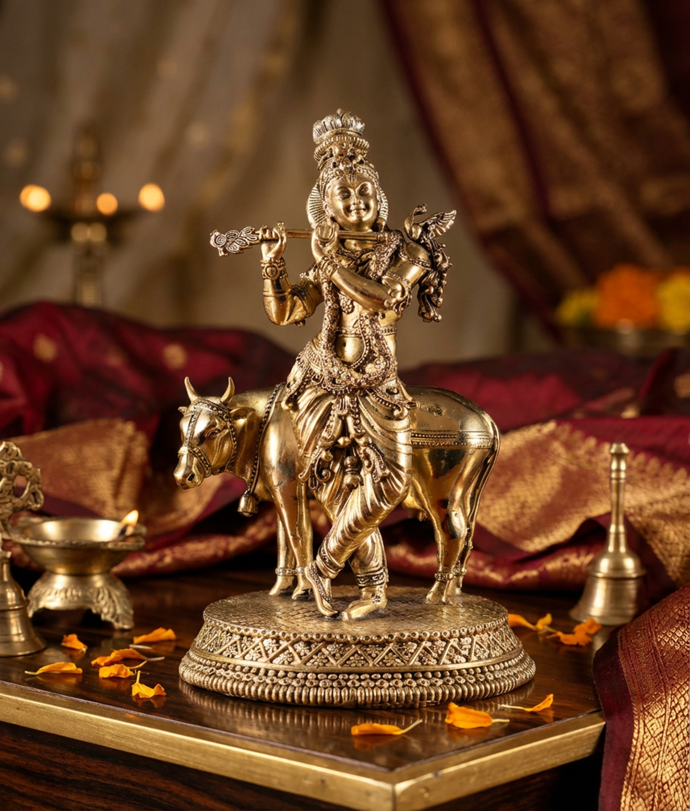 Krishna with Cow Idol | 7 Inch Handcrafted Brass Statue | Lord Krishna Murti for Home Temple & Spiritual Decor