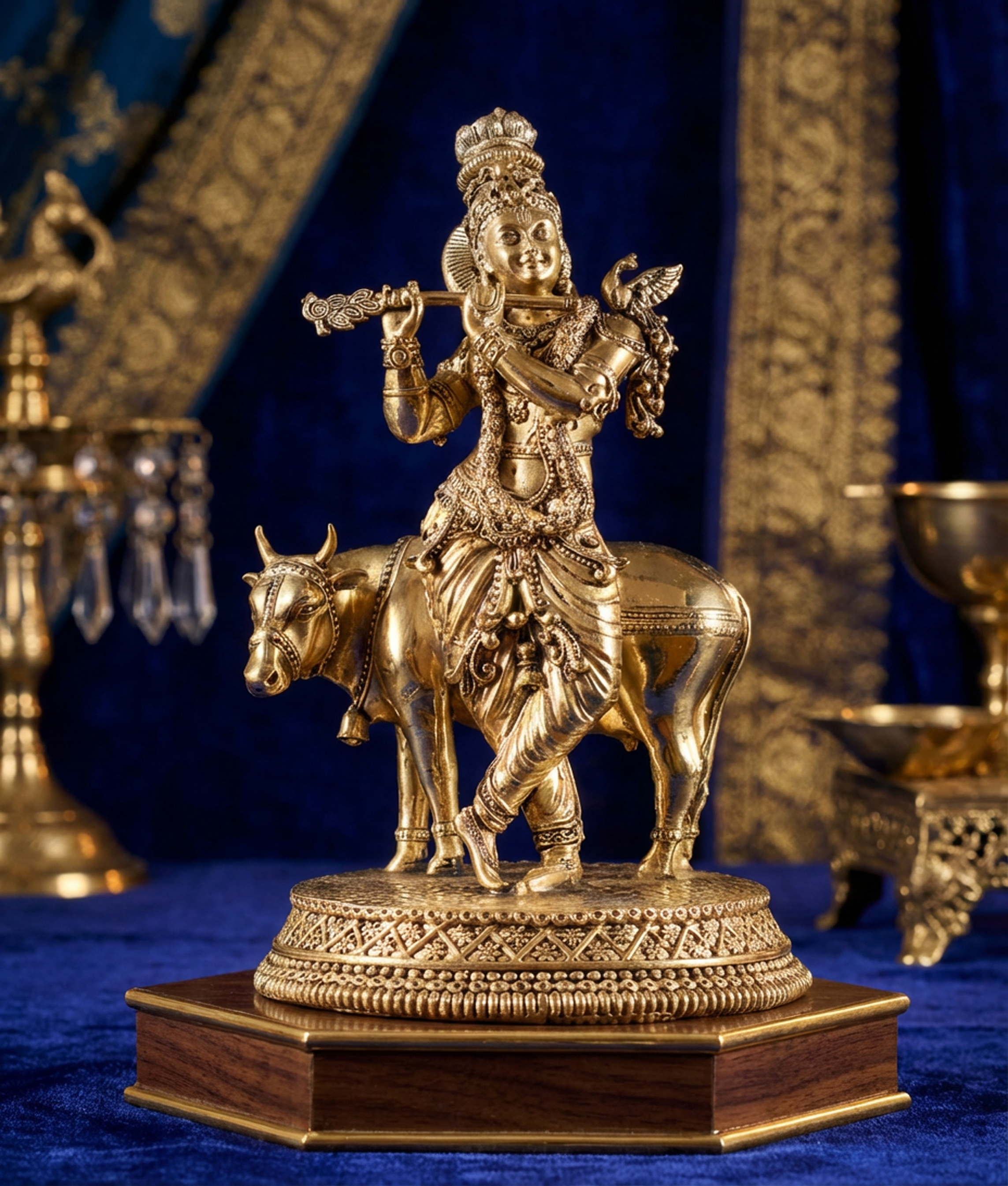 Krishna with Cow Idol | 7 Inch Handcrafted Brass Statue | Lord Krishna Murti for Home Temple & Spiritual Decor