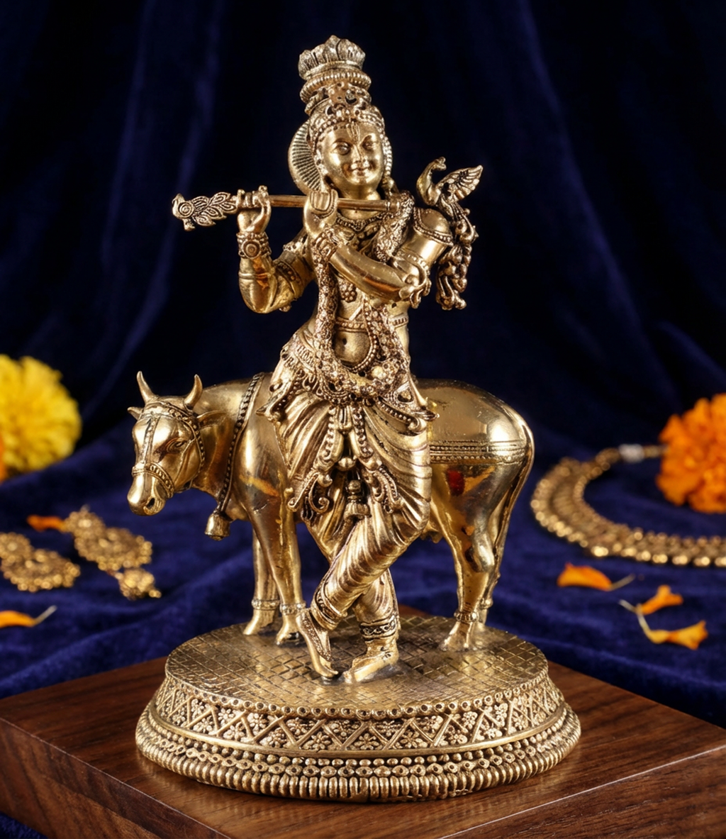 Krishna with Cow Idol | 7 Inch Handcrafted Brass Statue | Lord Krishna Murti for Home Temple & Spiritual Decor