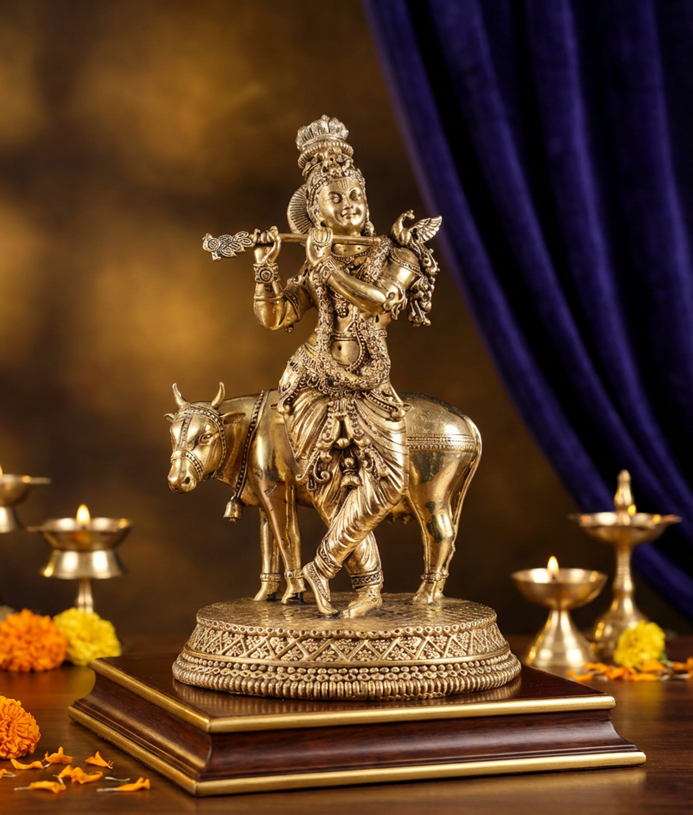 Krishna with Cow Idol | 7 Inch Handcrafted Brass Statue | Lord Krishna Murti for Home Temple & Spiritual Decor