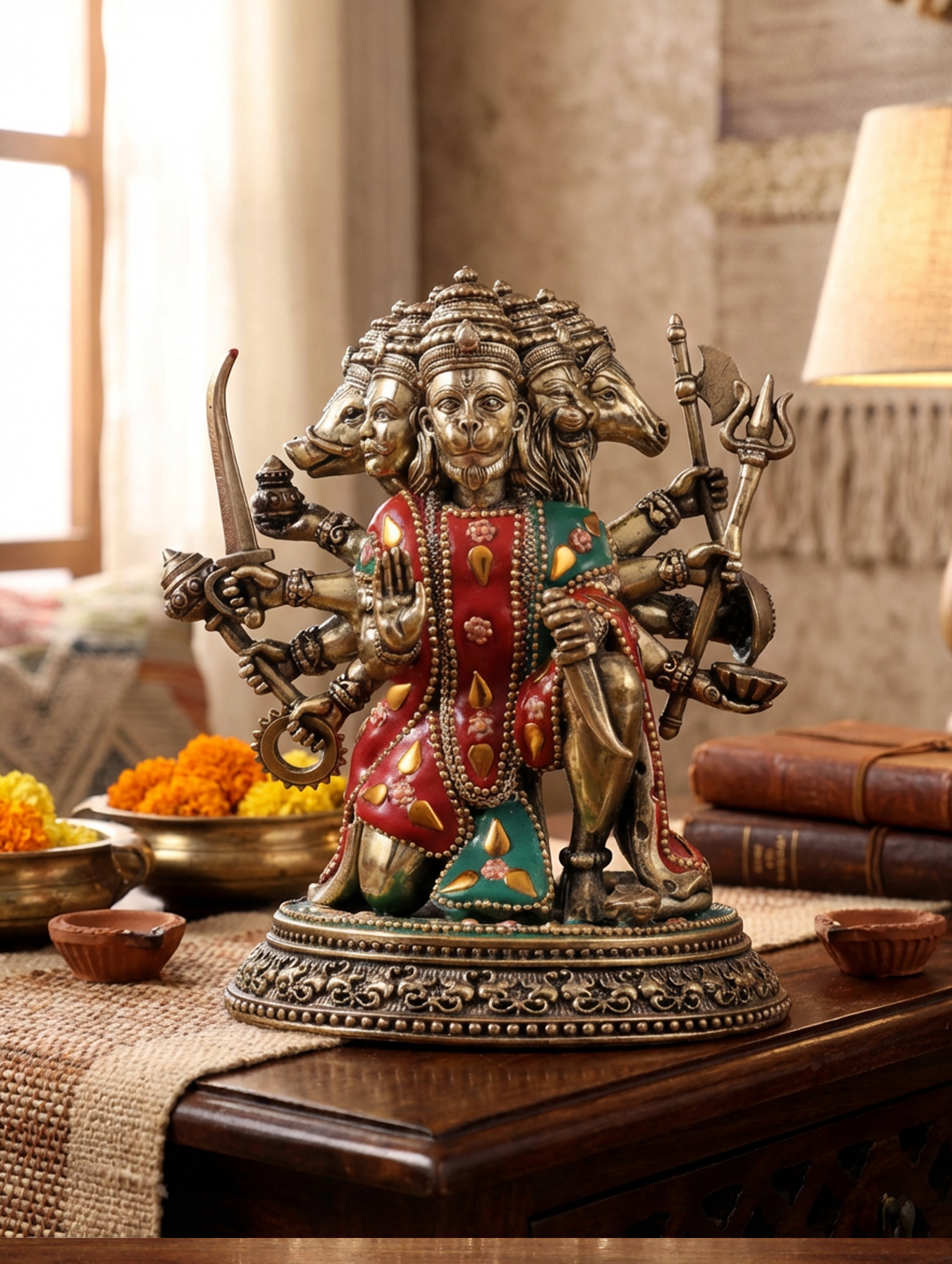 Panchmukhi Hanuman Brass Idol | 7 Inch Meenakari Stone Work Statue | Heavy Hanuman Murti (1.3 kg) | Hindu Pooja Decor | Spiritual Gift