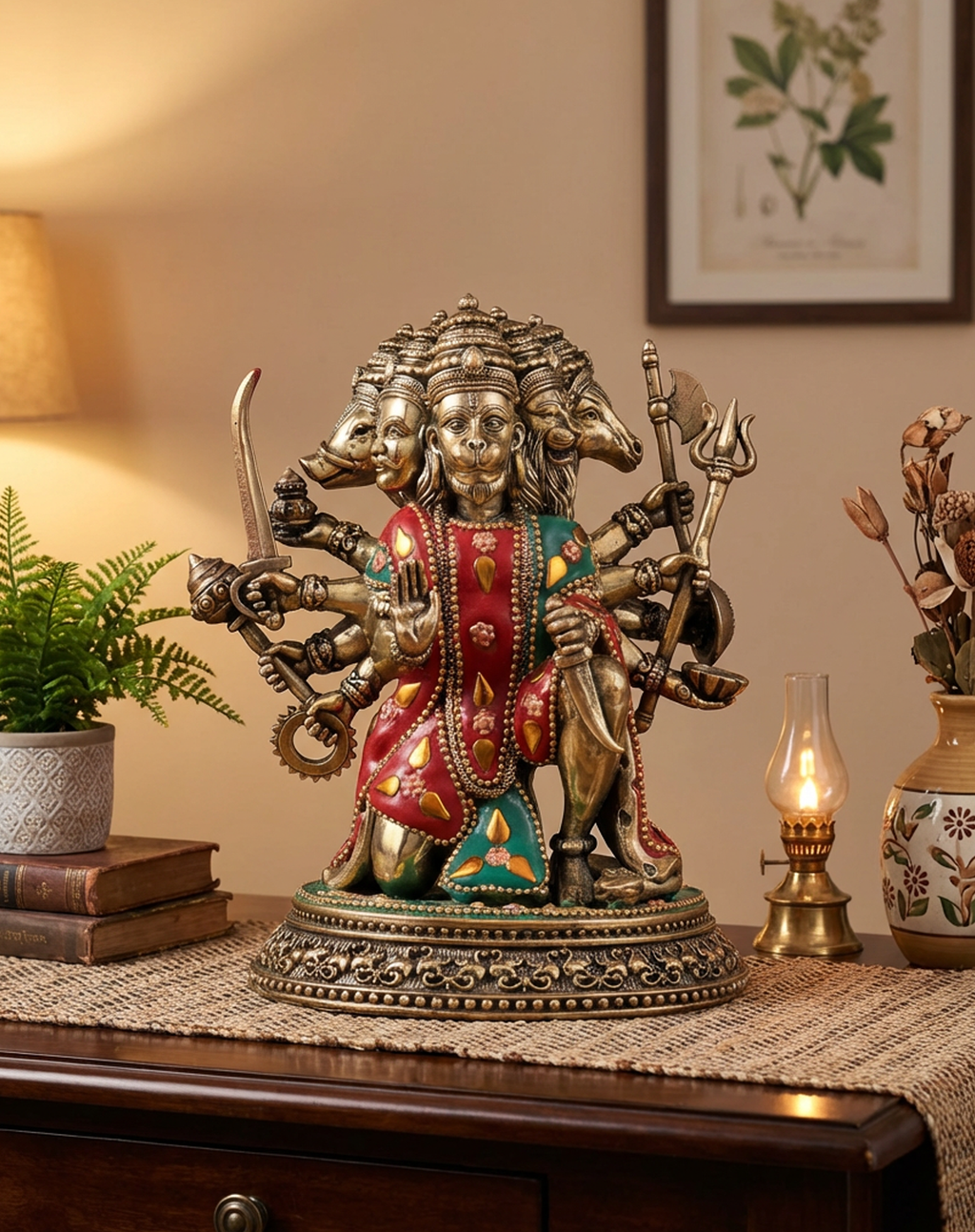 Panchmukhi Hanuman Brass Idol | 7 Inch Meenakari Stone Work Statue | Heavy Hanuman Murti (1.3 kg) | Hindu Pooja Decor | Spiritual Gift