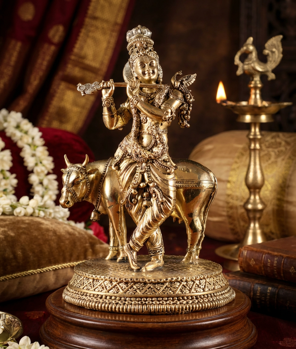 Krishna with Cow Idol | 7 Inch Handcrafted Brass Statue | Lord Krishna Murti for Home Temple & Spiritual Decor