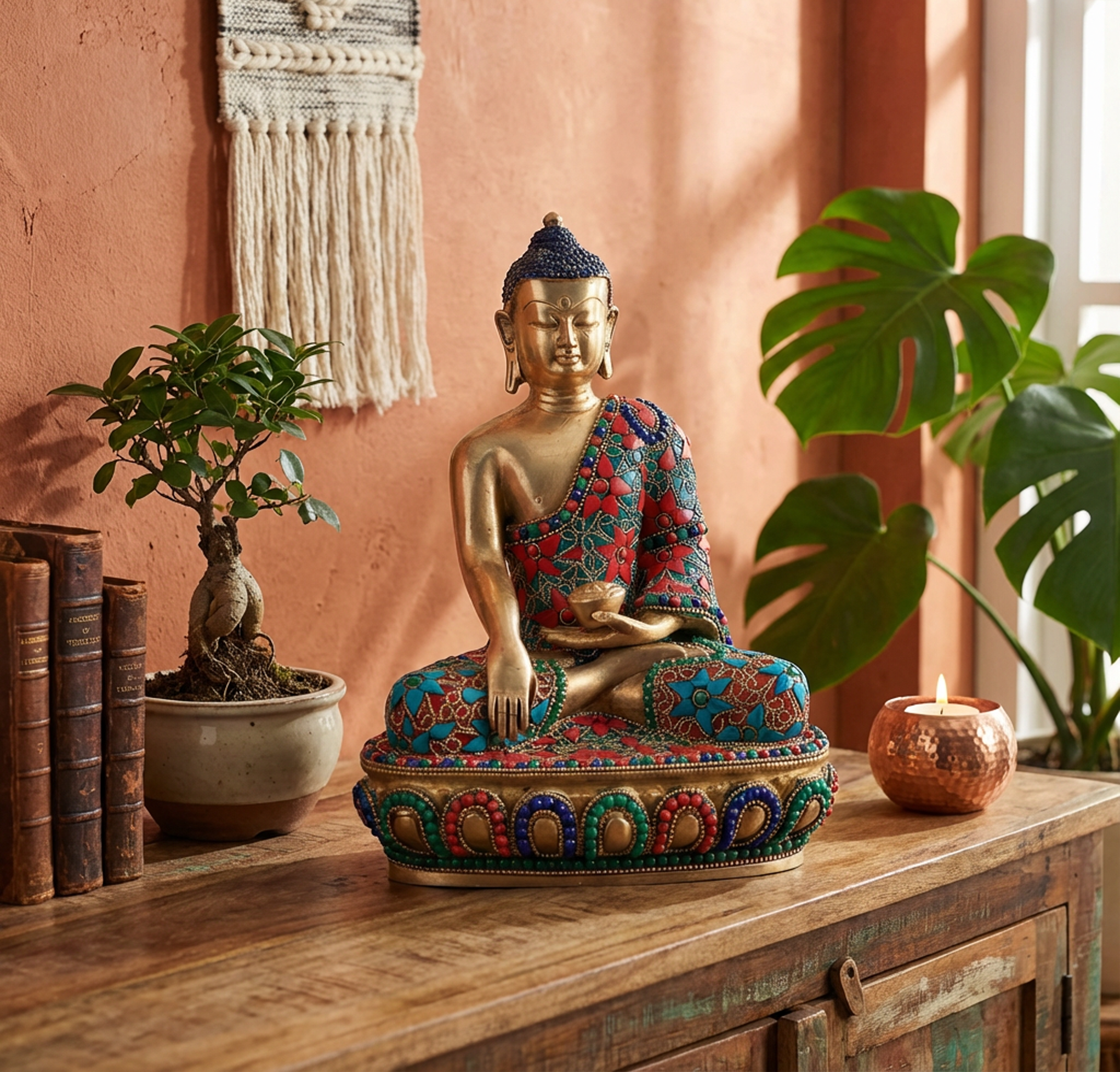 Buddha Brass Statue | Antique Finish Standing Buddha with Hand Down | 9.5 Inch, 2.73kg | Premium Spiritual Decor & Meditation Art