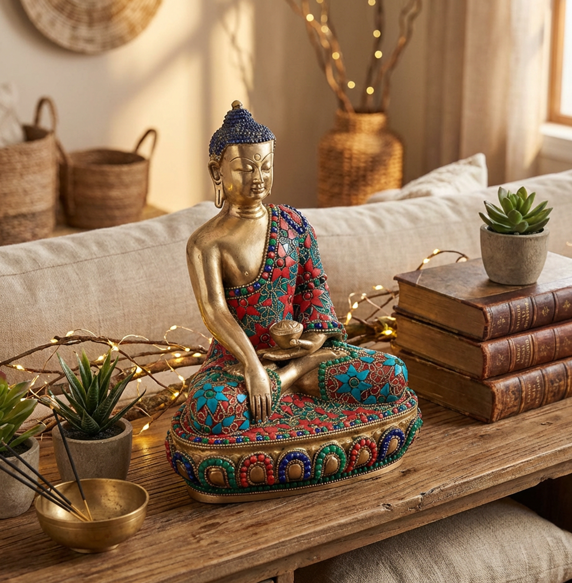 Buddha Brass Statue | Antique Finish Standing Buddha with Hand Down | 9.5 Inch, 2.73kg | Premium Spiritual Decor & Meditation Art