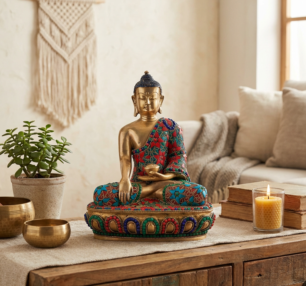 Buddha Brass Statue | Antique Finish Standing Buddha with Hand Down | 9.5 Inch, 2.73kg | Premium Spiritual Decor & Meditation Art