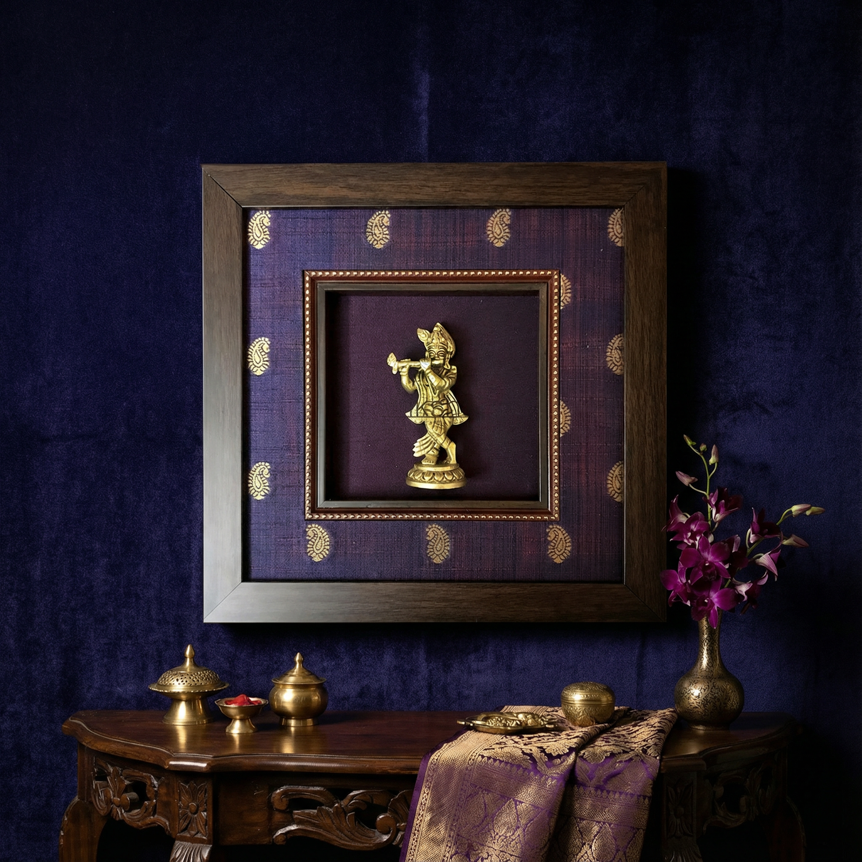 Krishna Brass Idol Frame | Raw Silk & Banarasi Brocade Artwork | Luxury Indian Wall Decor | Purple Gold Home Temple Frame