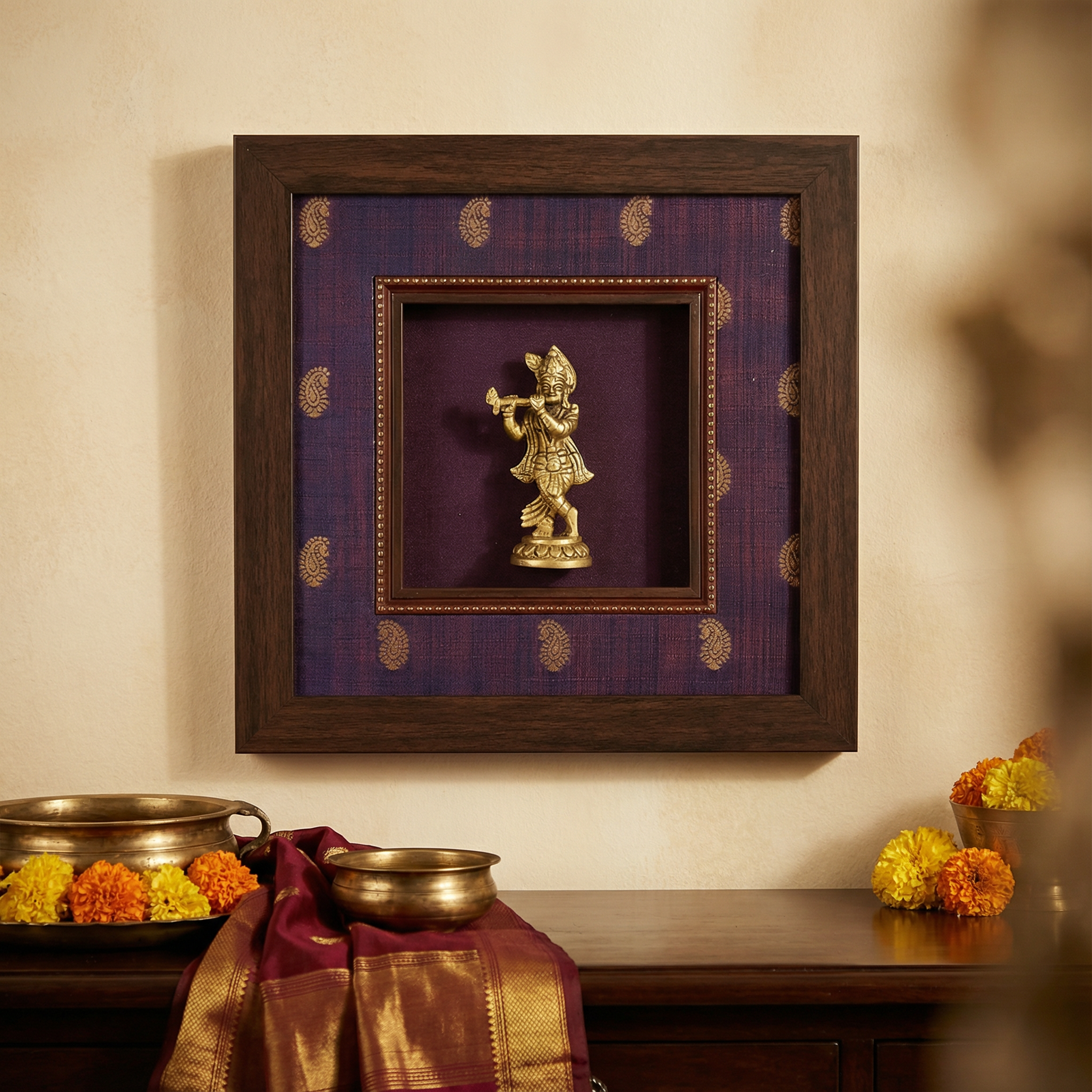 Krishna Brass Idol Frame | Raw Silk & Banarasi Brocade Artwork | Luxury Indian Wall Decor | Purple Gold Home Temple Frame