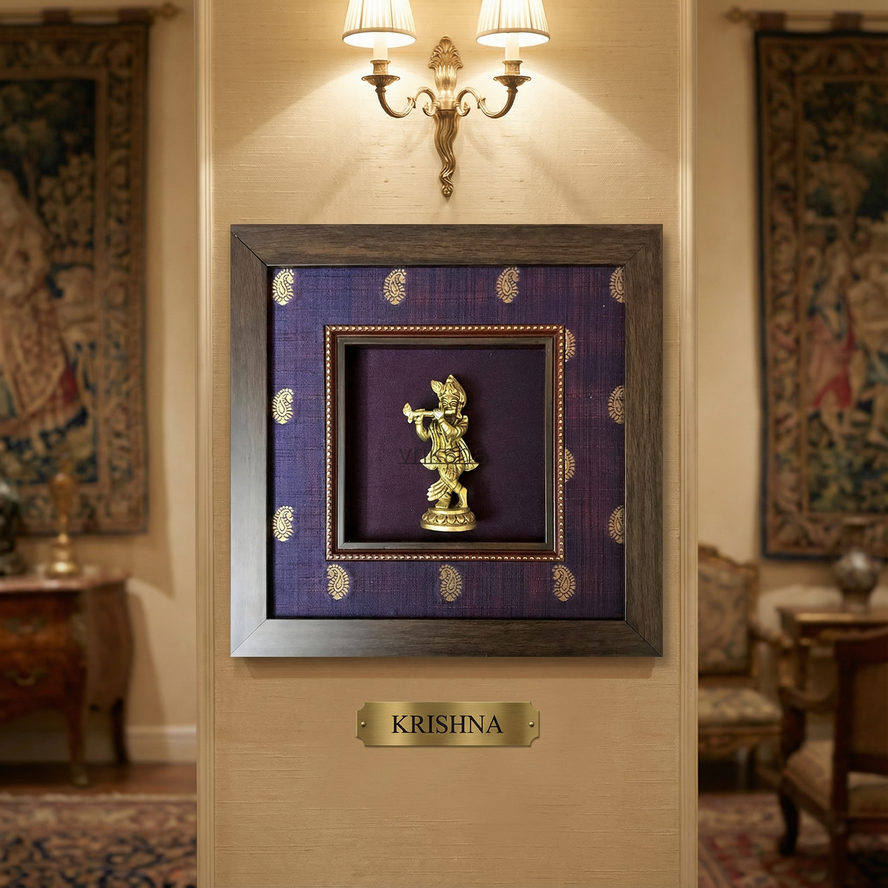 Krishna Brass Idol Frame | Raw Silk & Banarasi Brocade Artwork | Luxury Indian Wall Decor | Purple Gold Home Temple Frame