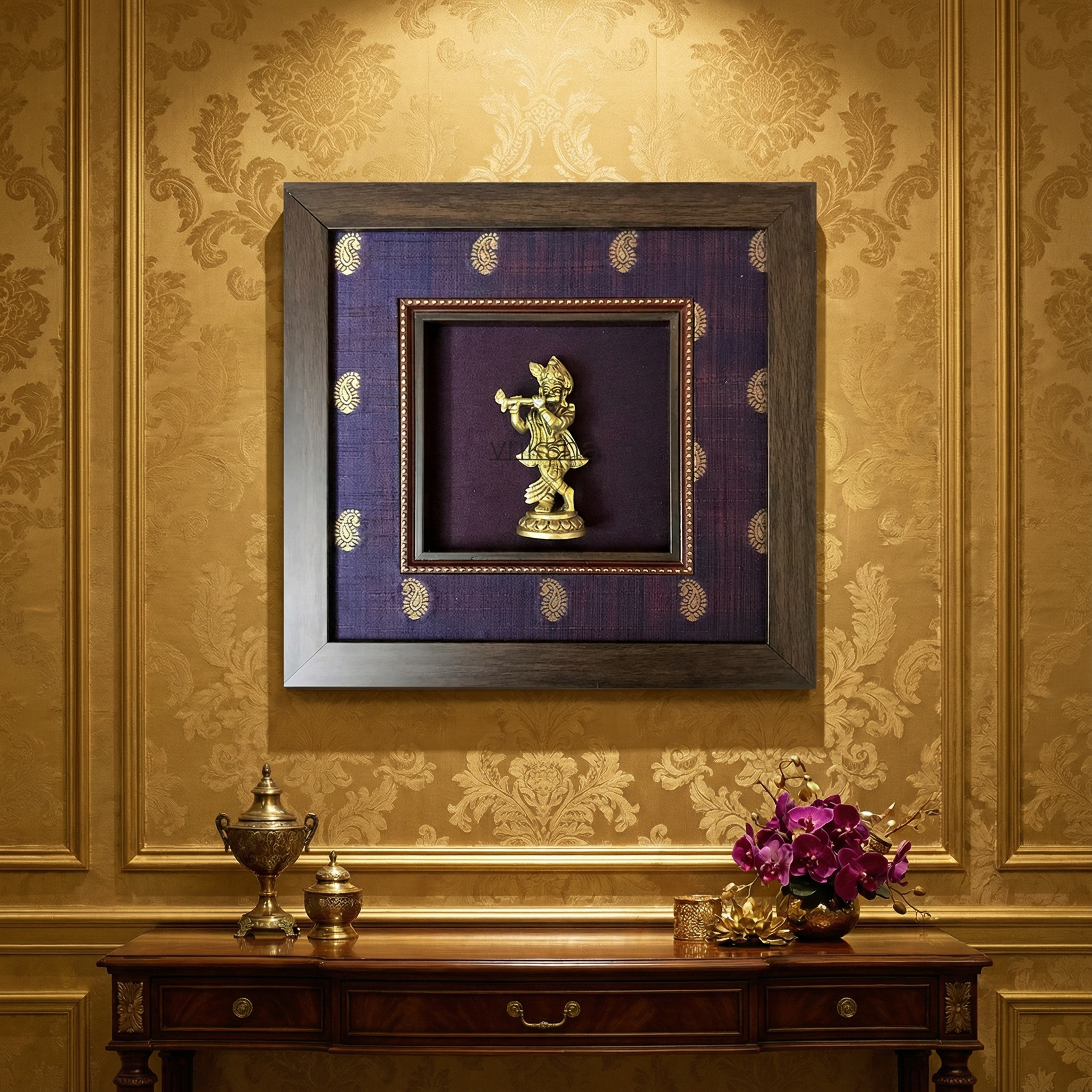 Krishna Brass Idol Frame | Raw Silk & Banarasi Brocade Artwork | Luxury Indian Wall Decor | Purple Gold Home Temple Frame