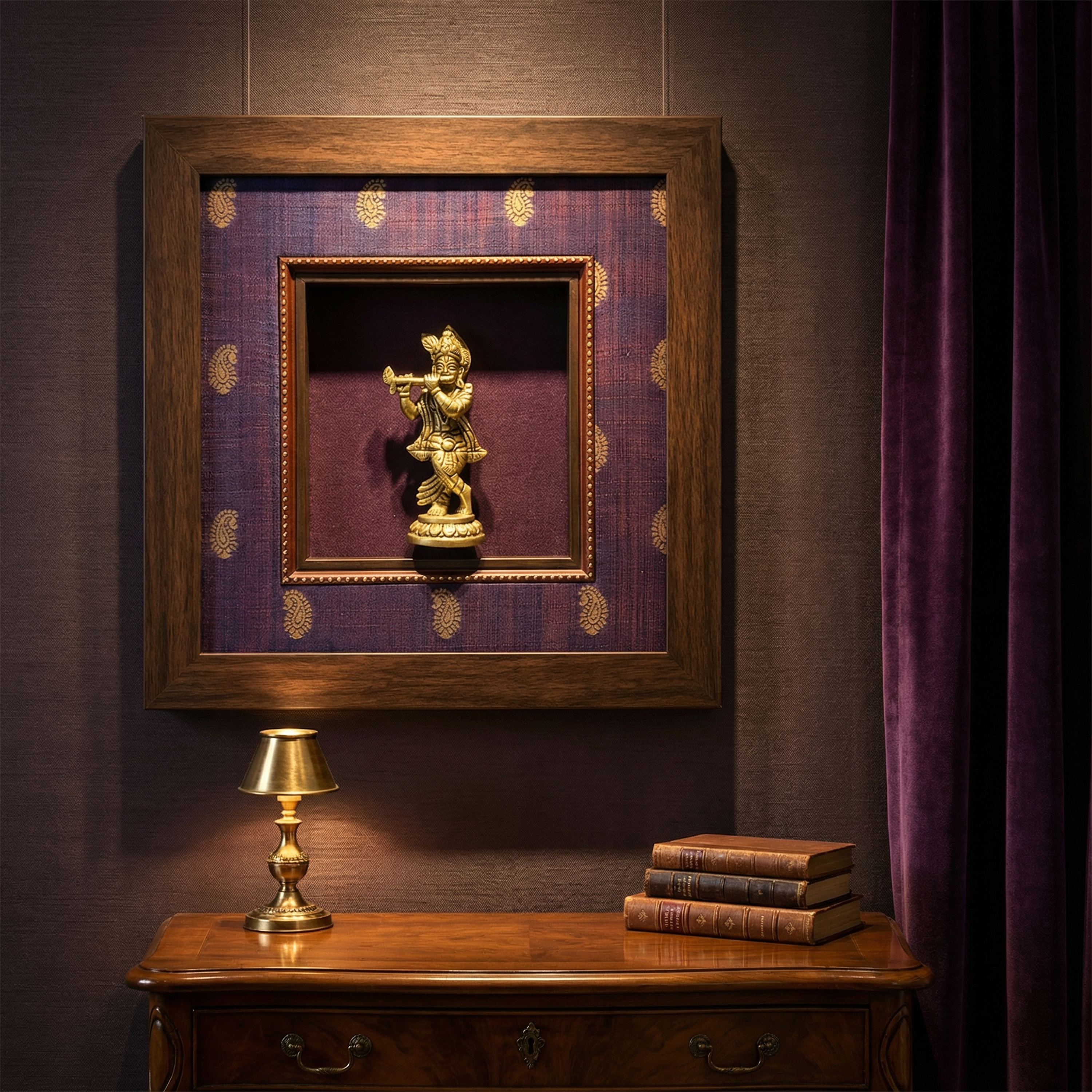 Krishna Brass Idol Frame | Raw Silk & Banarasi Brocade Artwork | Luxury Indian Wall Decor | Purple Gold Home Temple Frame