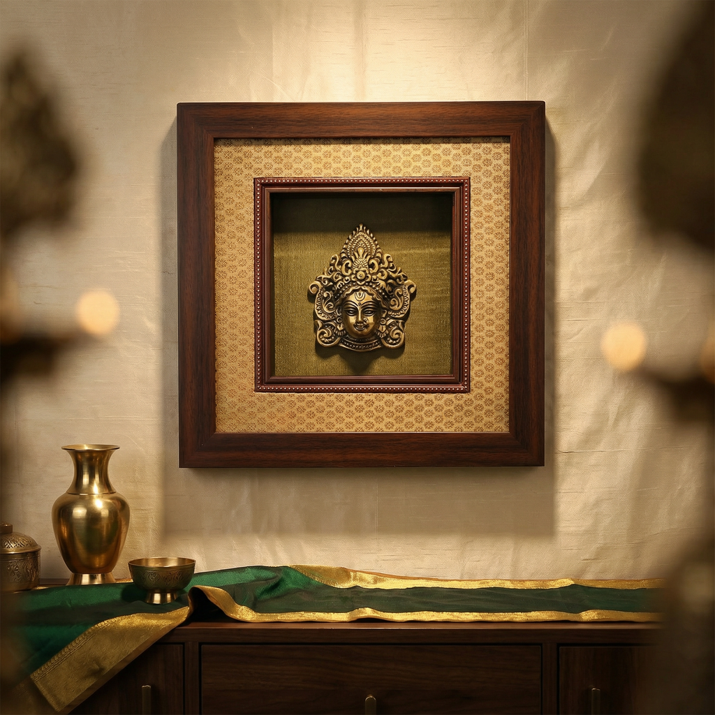 Durga Brass Idol Frame | Silk & Banarasi Brocade Wall Decor | Goddess Durga Artefact | Luxury Indian Spiritual Artwork
