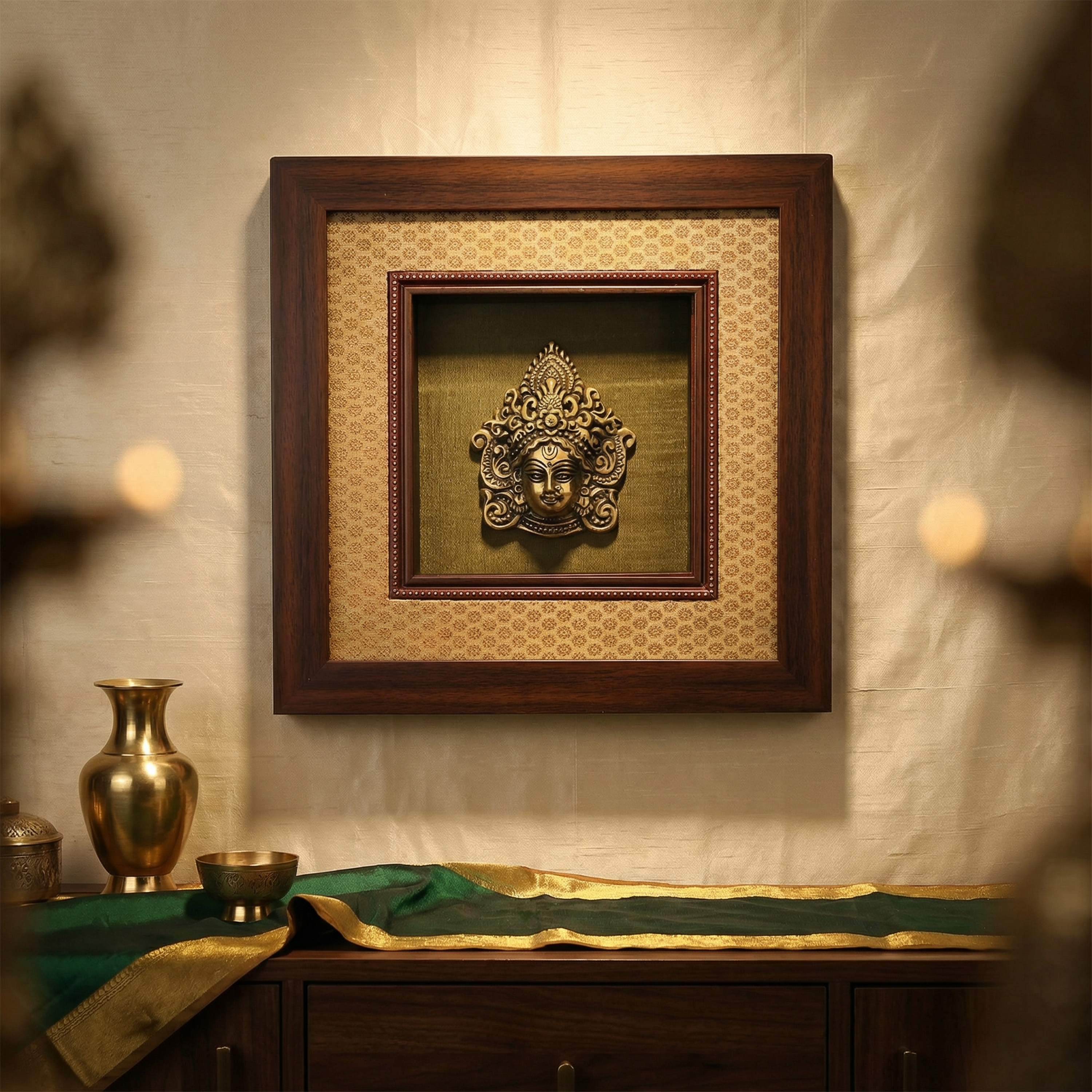 Durga Brass Idol Frame | Silk & Banarasi Brocade Wall Decor | Goddess Durga Artefact | Luxury Indian Spiritual Artwork