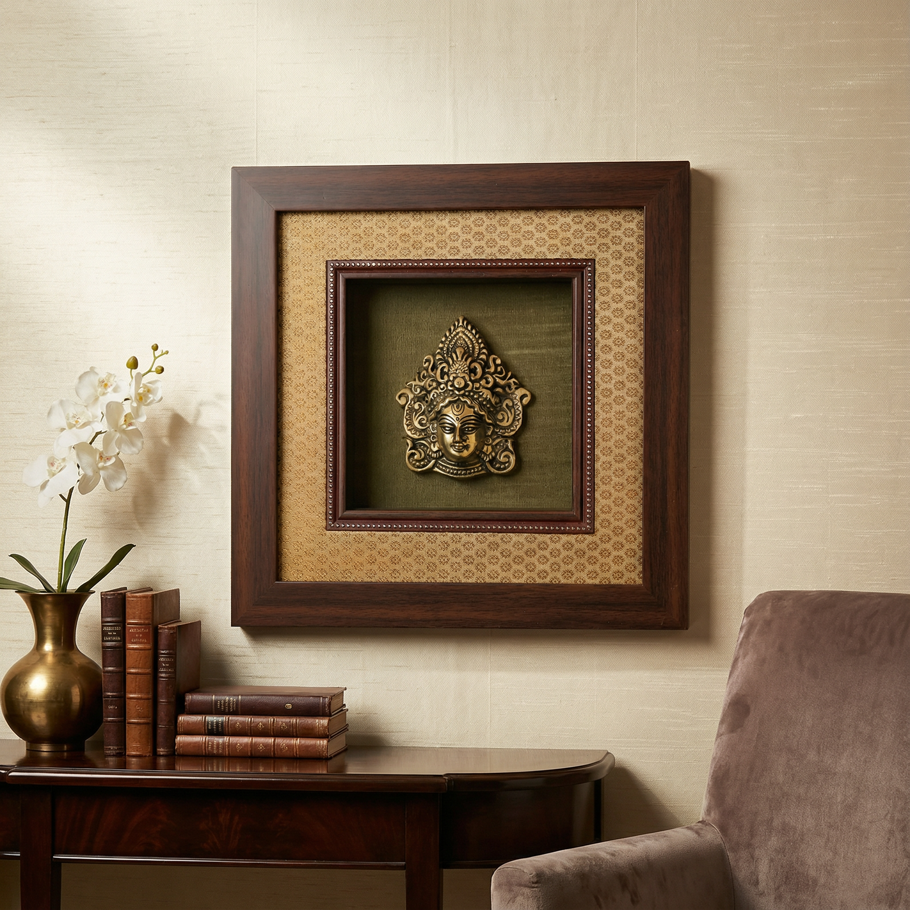 Durga Brass Idol Frame | Silk & Banarasi Brocade Wall Decor | Goddess Durga Artefact | Luxury Indian Spiritual Artwork