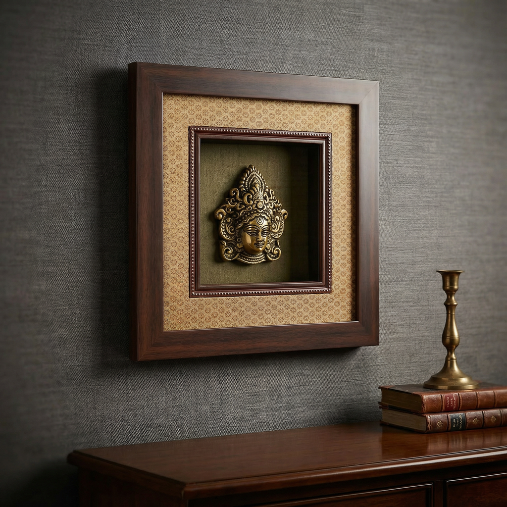 Durga Brass Idol Frame | Silk & Banarasi Brocade Wall Decor | Goddess Durga Artefact | Luxury Indian Spiritual Artwork