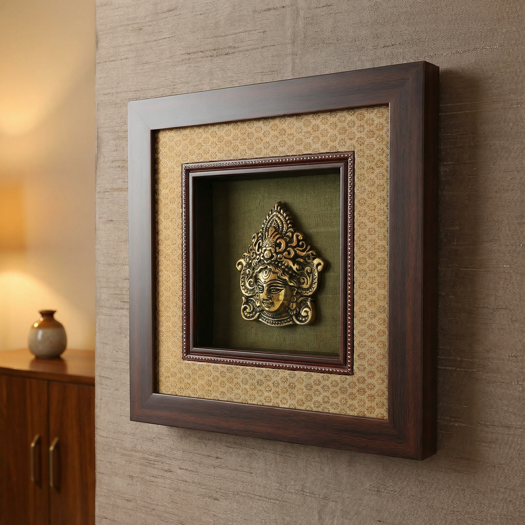 Durga Brass Idol Frame | Silk & Banarasi Brocade Wall Decor | Goddess Durga Artefact | Luxury Indian Spiritual Artwork