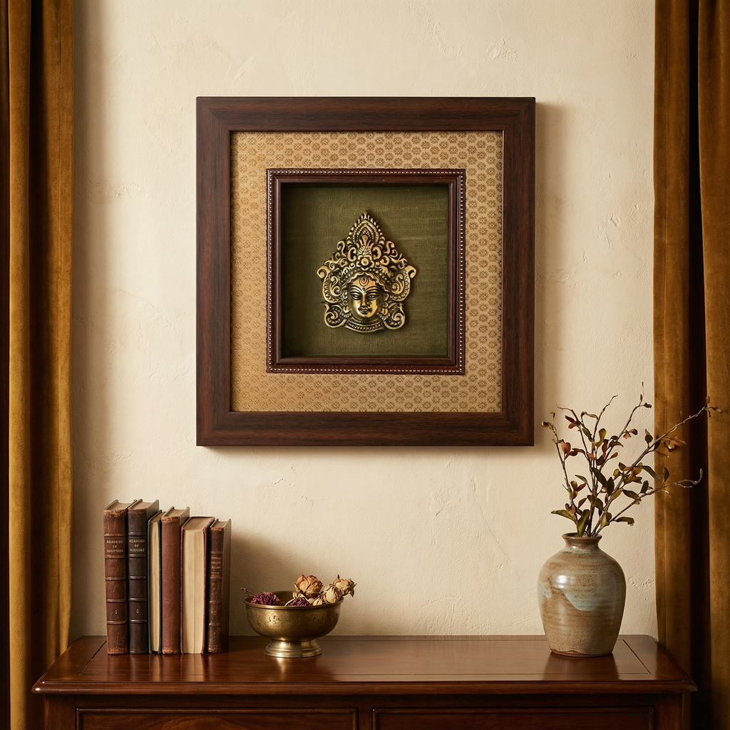 Durga Brass Idol Frame | Silk & Banarasi Brocade Wall Decor | Goddess Durga Artefact | Luxury Indian Spiritual Artwork