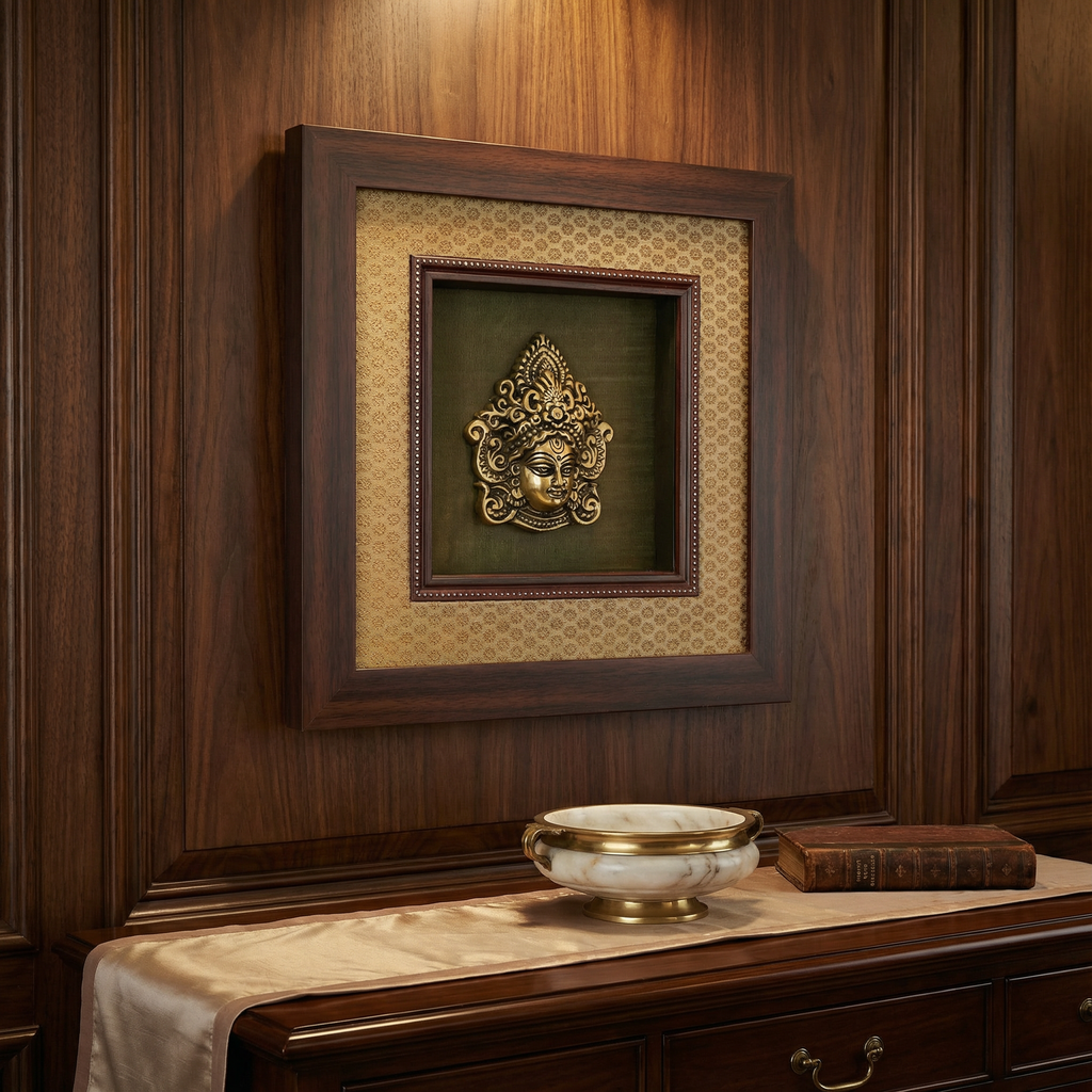 Durga Brass Idol Frame | Silk & Banarasi Brocade Wall Decor | Goddess Durga Artefact | Luxury Indian Spiritual Artwork