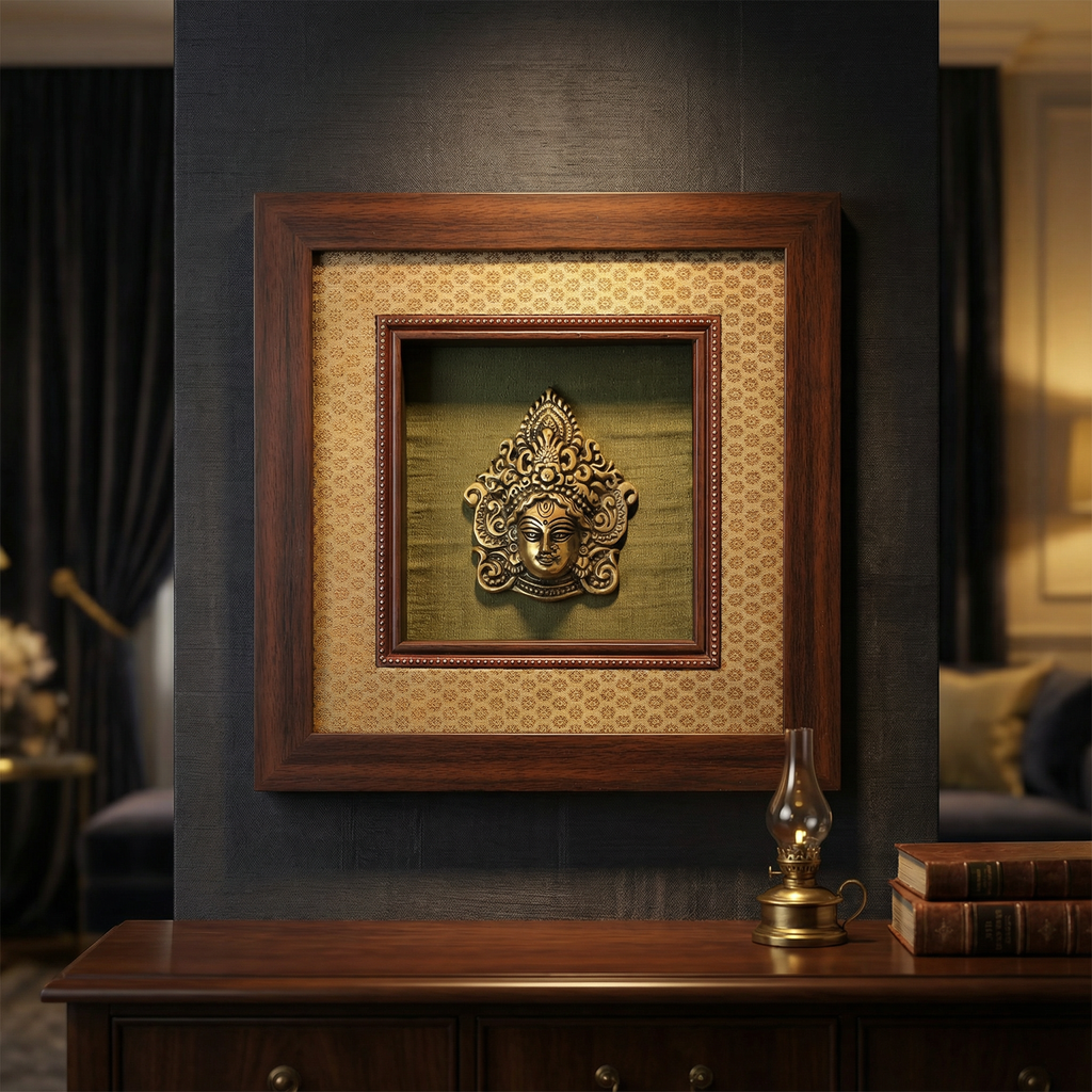 Durga Brass Idol Frame | Silk & Banarasi Brocade Wall Decor | Goddess Durga Artefact | Luxury Indian Spiritual Artwork