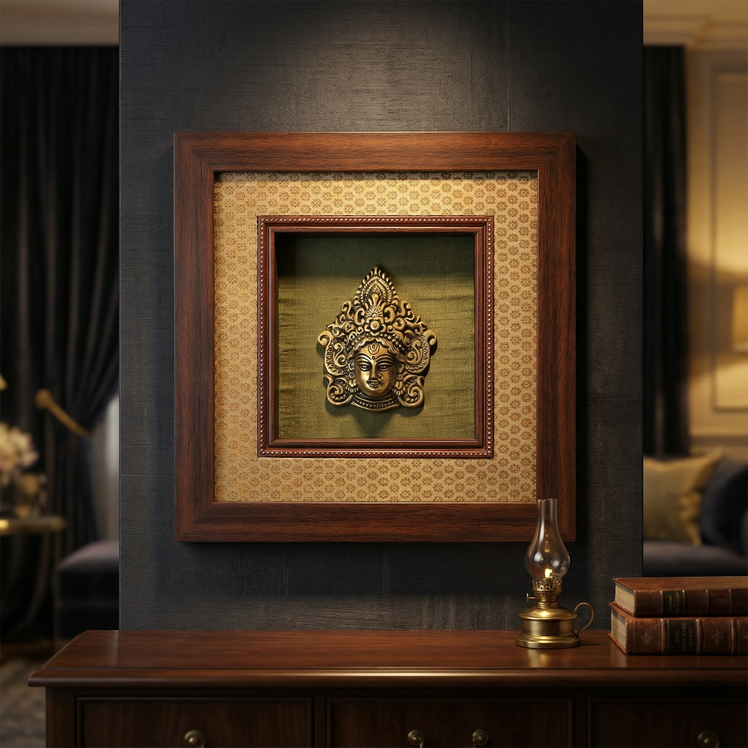 Durga Brass Idol Frame | Silk & Banarasi Brocade Wall Decor | Goddess Durga Artefact | Luxury Indian Spiritual Artwork