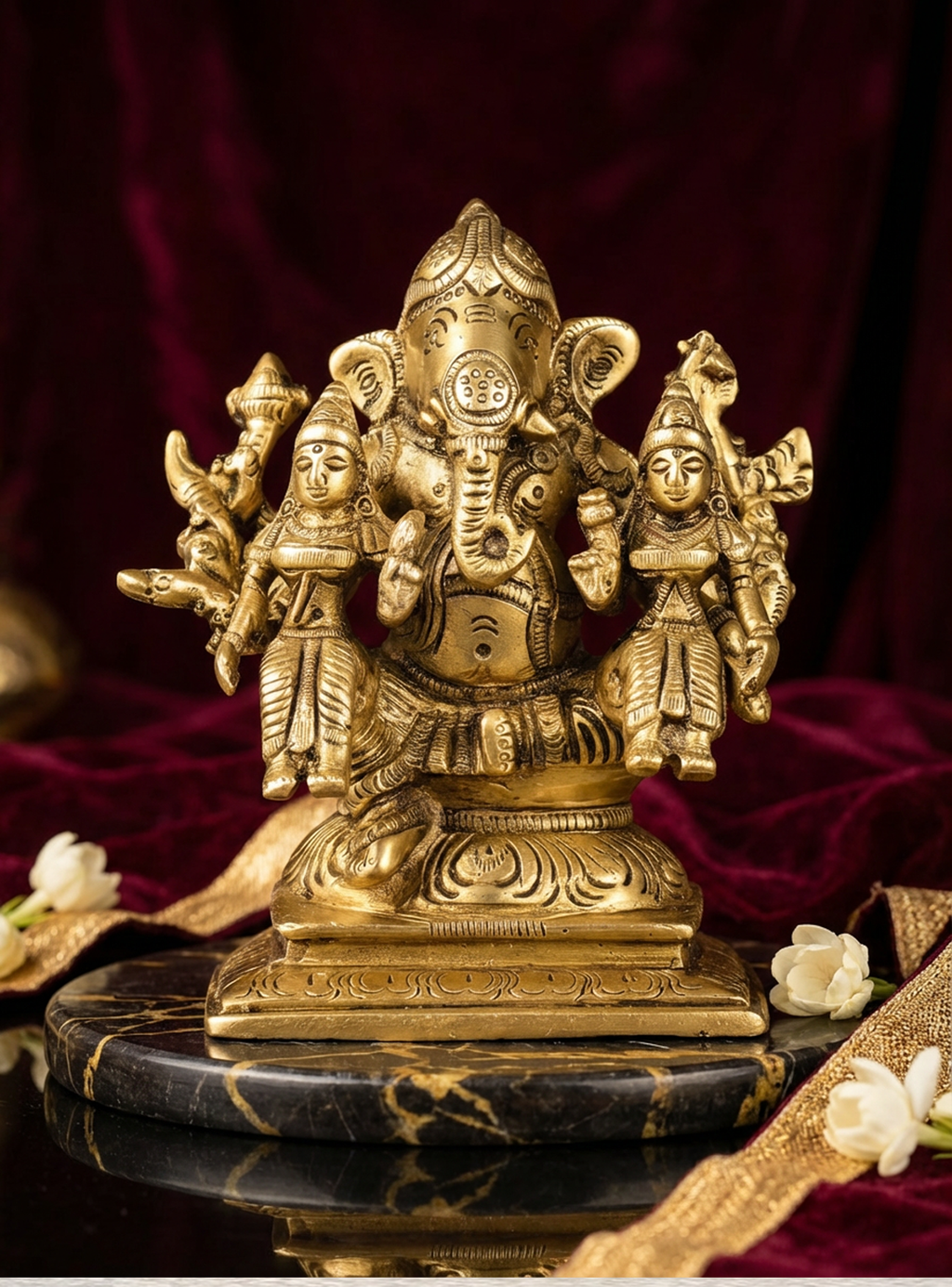 Ganesha with Riddhi & Siddhi | Handcrafted Ganesha Idol | 4.5 Inch Fine Brass Murti | Auspicious Hindu Home Temple Decor