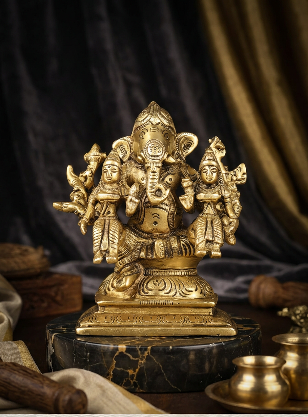 Ganesha with Riddhi & Siddhi | Handcrafted Ganesha Idol | 4.5 Inch Fine Brass Murti | Auspicious Hindu Home Temple Decor