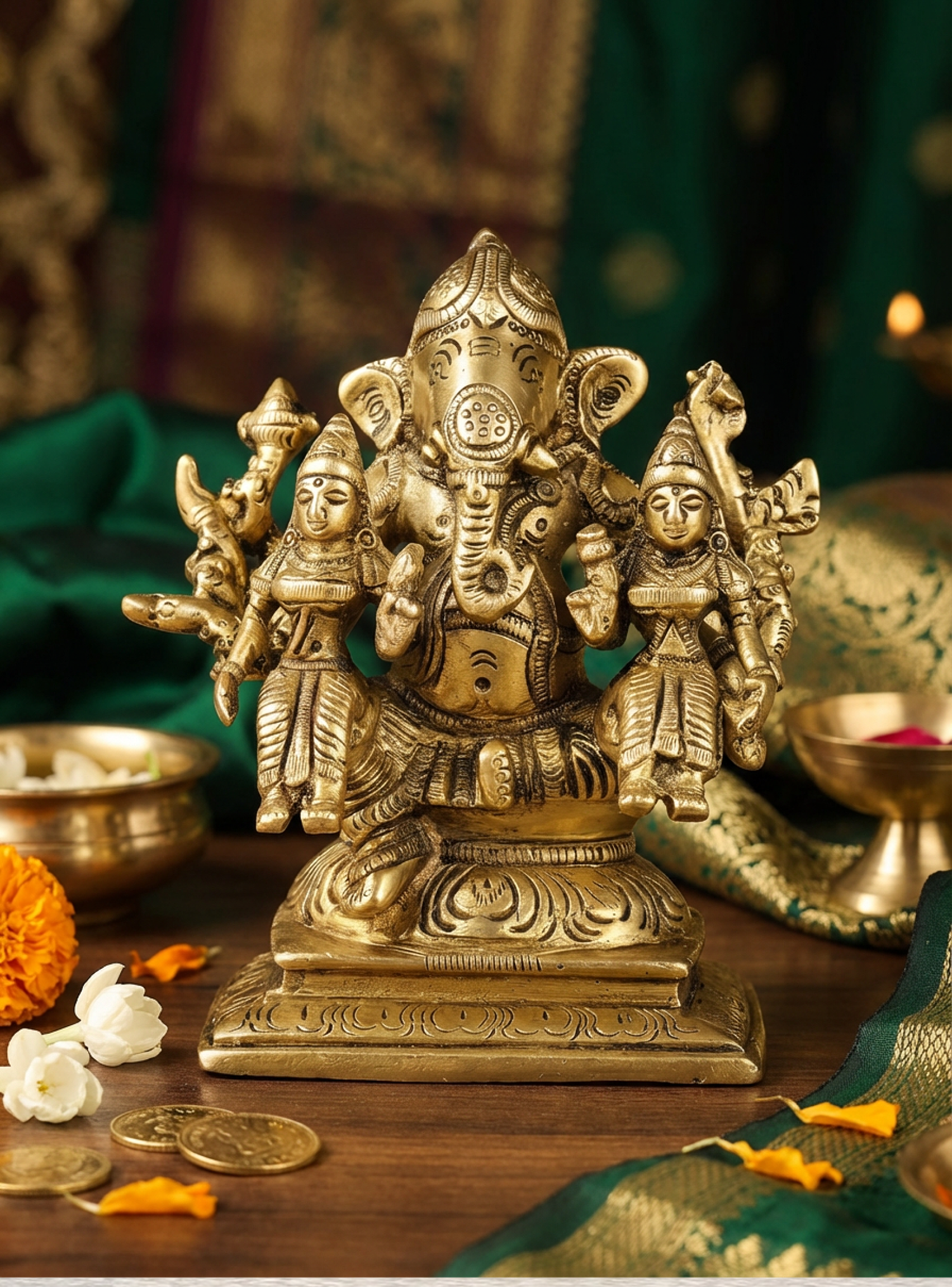 Ganesha with Riddhi & Siddhi | Handcrafted Ganesha Idol | 4.5 Inch Fine Brass Murti | Auspicious Hindu Home Temple Decor