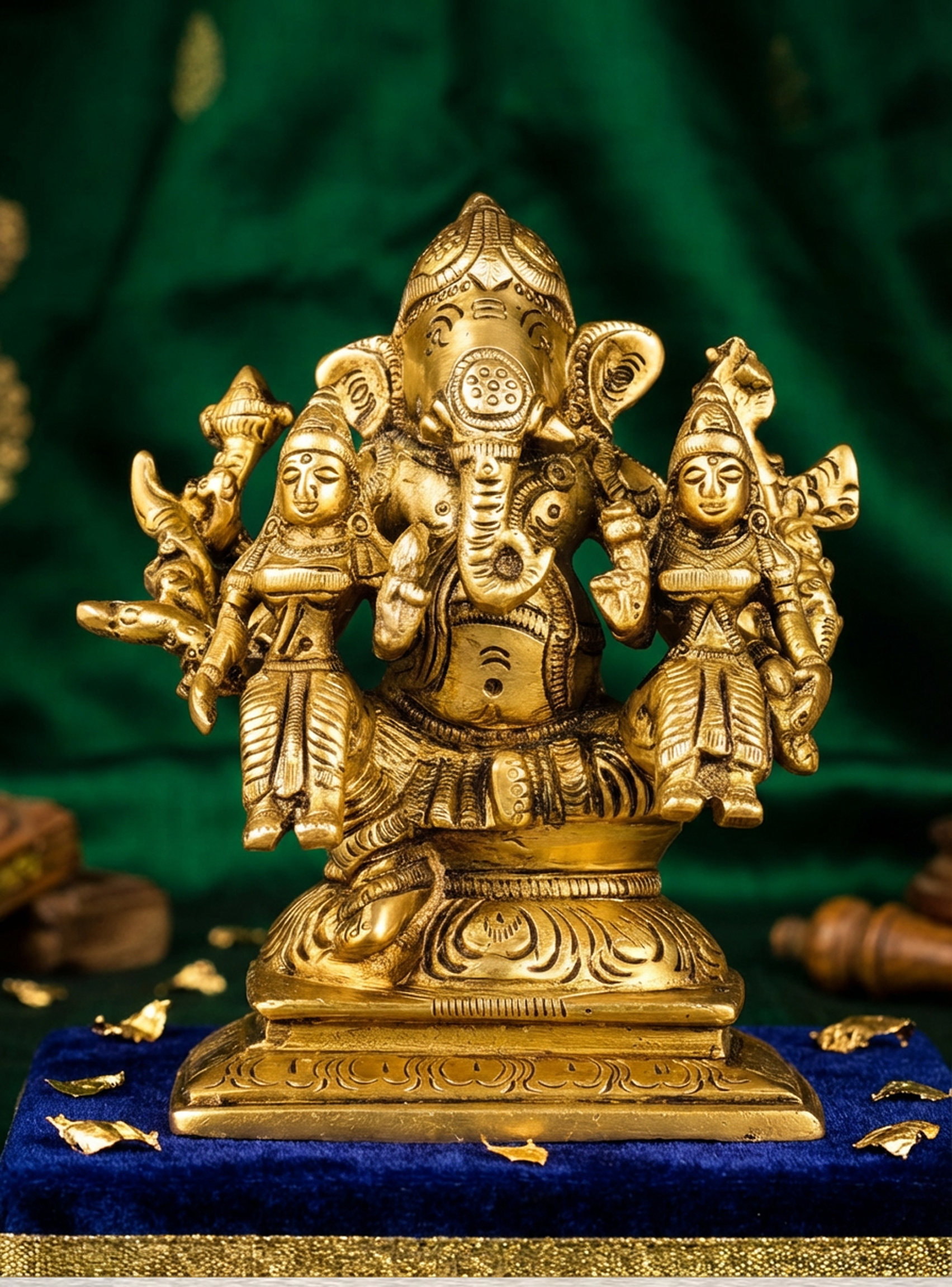 Ganesha with Riddhi & Siddhi | Handcrafted Ganesha Idol | 4.5 Inch Fine Brass Murti | Auspicious Hindu Home Temple Decor