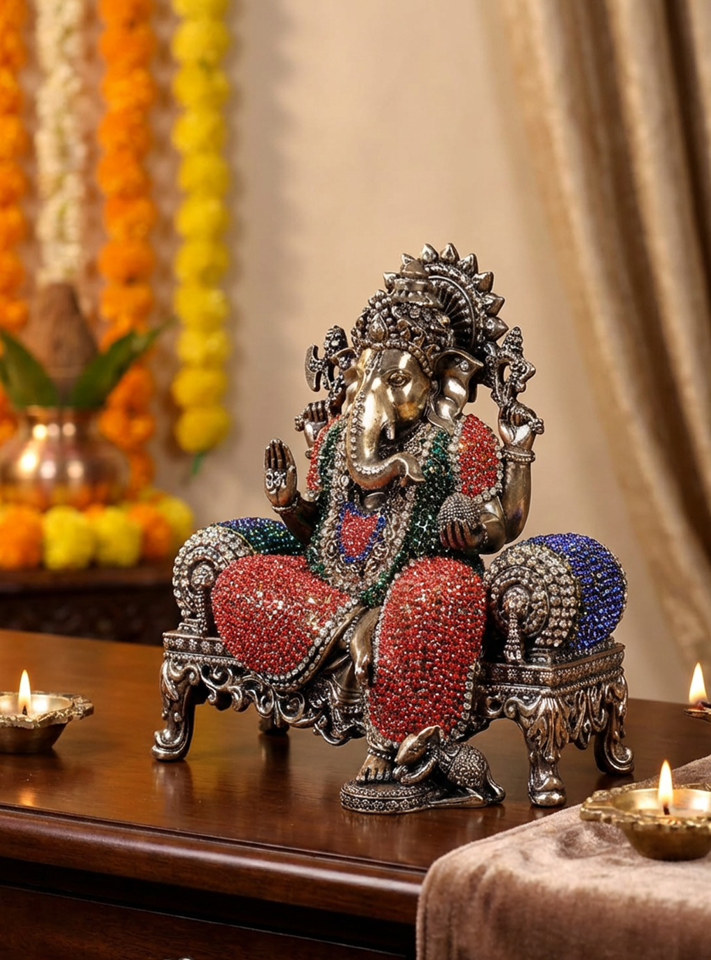 Ganesha Brass Idol 5.5 Inch | Meenakari Stone Work Ganesh Murti (1.1kg) | Fine Handcrafted Hindu Decor | Premium Pooja Statue