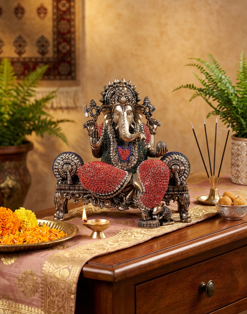 Ganesha Brass Idol 5.5 Inch | Meenakari Stone Work Ganesh Murti (1.1kg) | Fine Handcrafted Hindu Decor | Premium Pooja Statue