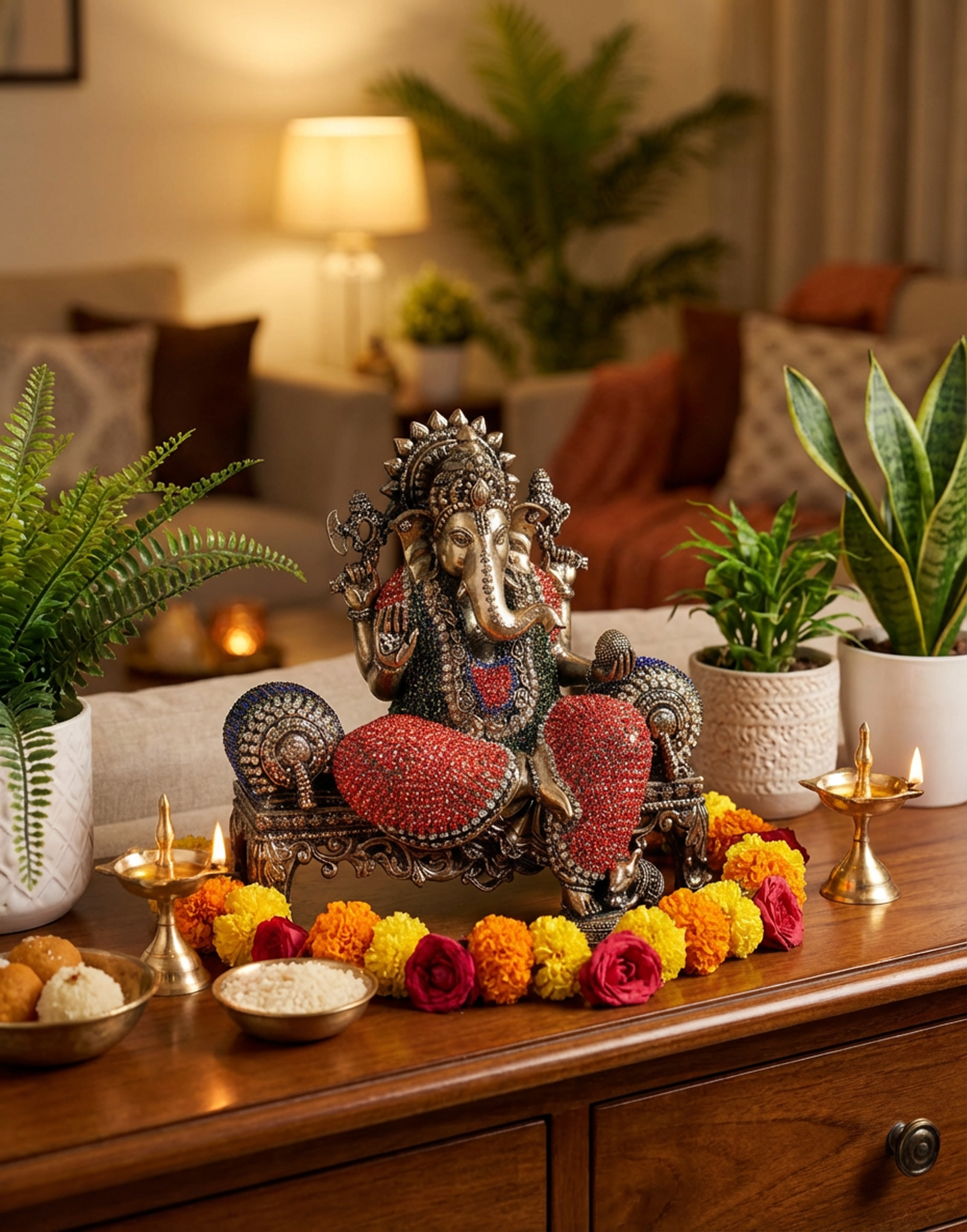 Ganesha Brass Idol 5.5 Inch | Meenakari Stone Work Ganesh Murti (1.1kg) | Fine Handcrafted Hindu Decor | Premium Pooja Statue