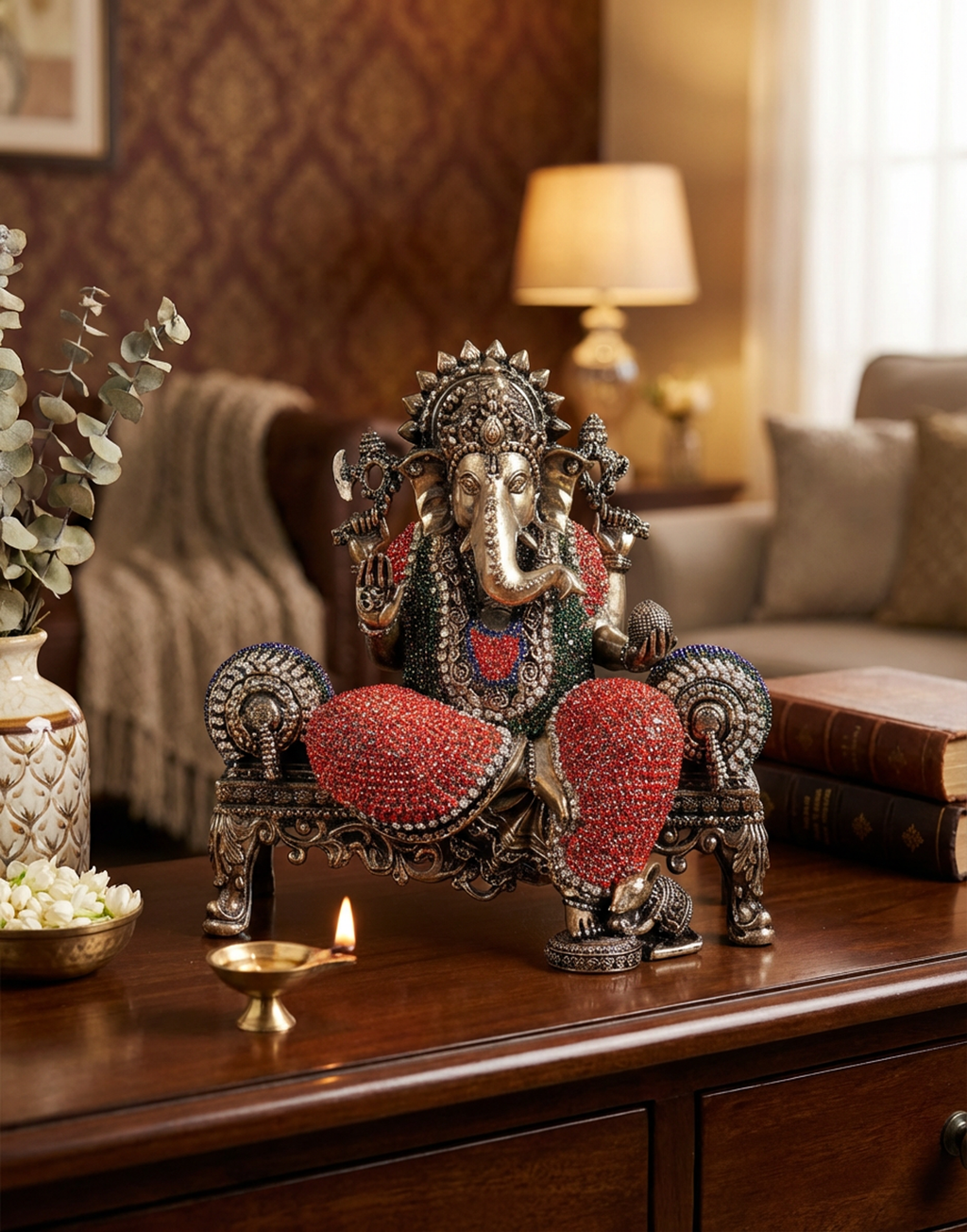 Ganesha Brass Idol 5.5 Inch | Meenakari Stone Work Ganesh Murti (1.1kg) | Fine Handcrafted Hindu Decor | Premium Pooja Statue