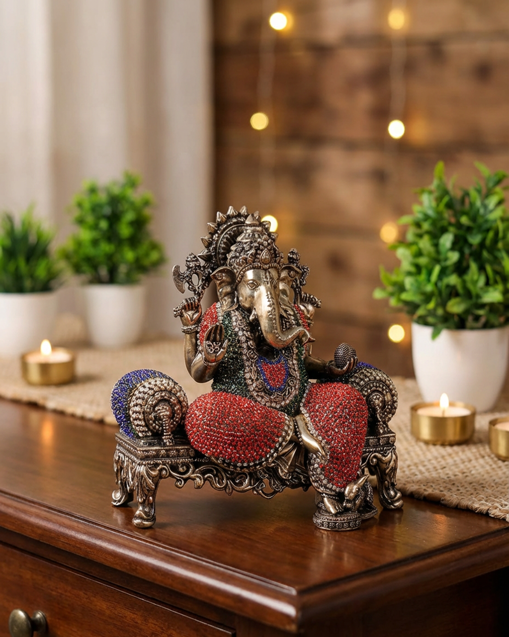 Ganesha Brass Idol 5.5 Inch | Meenakari Stone Work Ganesh Murti (1.1kg) | Fine Handcrafted Hindu Decor | Premium Pooja Statue