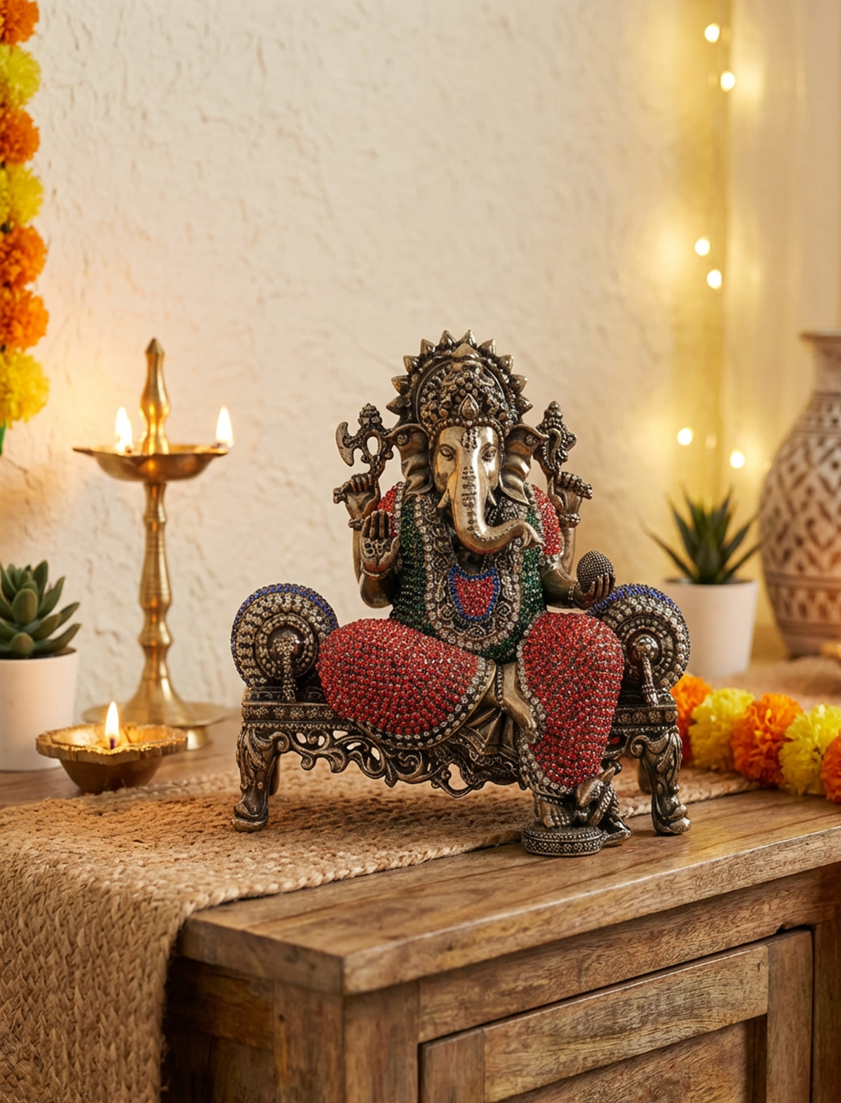 Ganesha Brass Idol 5.5 Inch | Meenakari Stone Work Ganesh Murti (1.1kg) | Fine Handcrafted Hindu Decor | Premium Pooja Statue