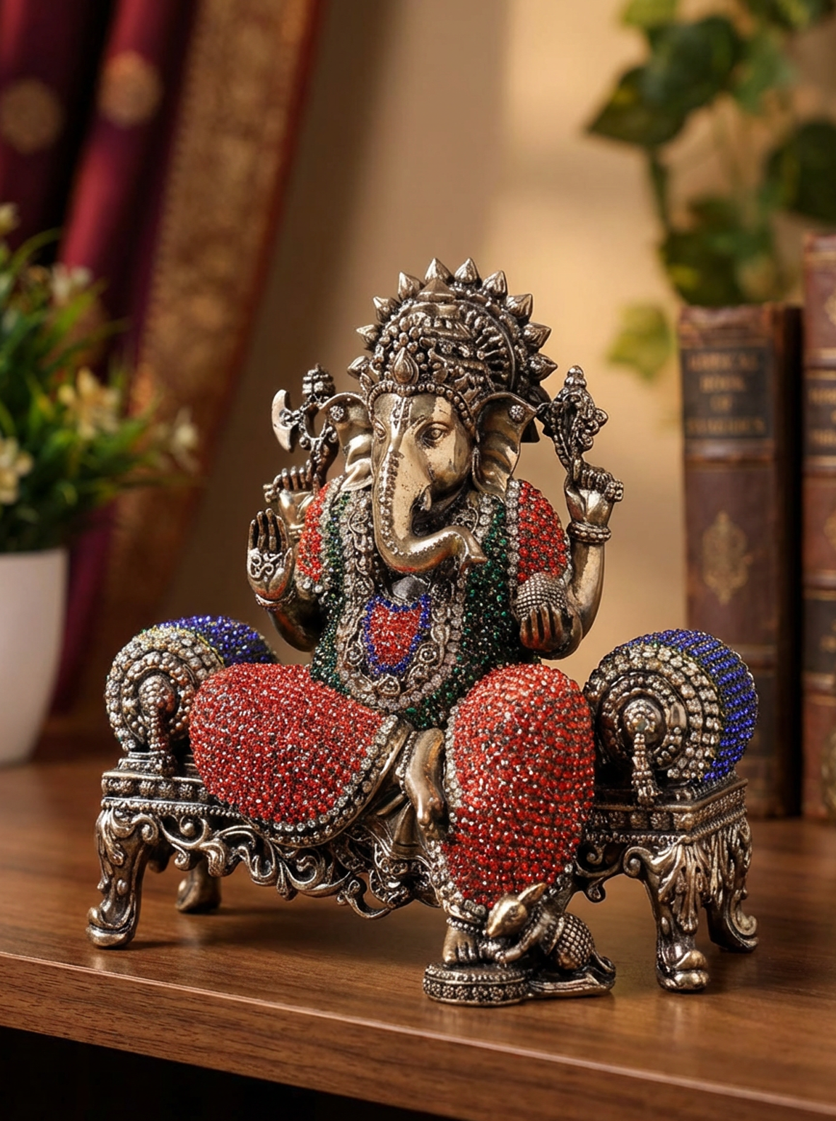 Ganesha Brass Idol 5.5 Inch | Meenakari Stone Work Ganesh Murti (1.1kg) | Fine Handcrafted Hindu Decor | Premium Pooja Statue