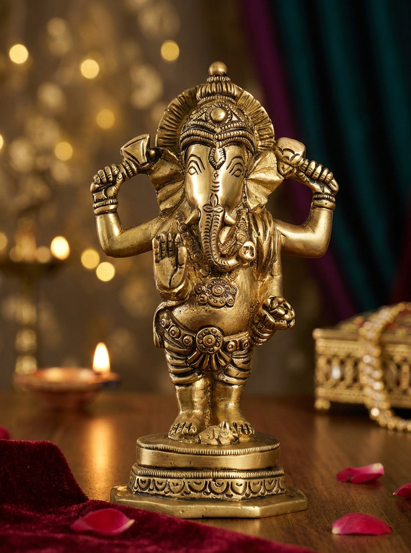 Ganesha - 6.5 Inch Brass Idol - Handcrafted Hindu Home Decor