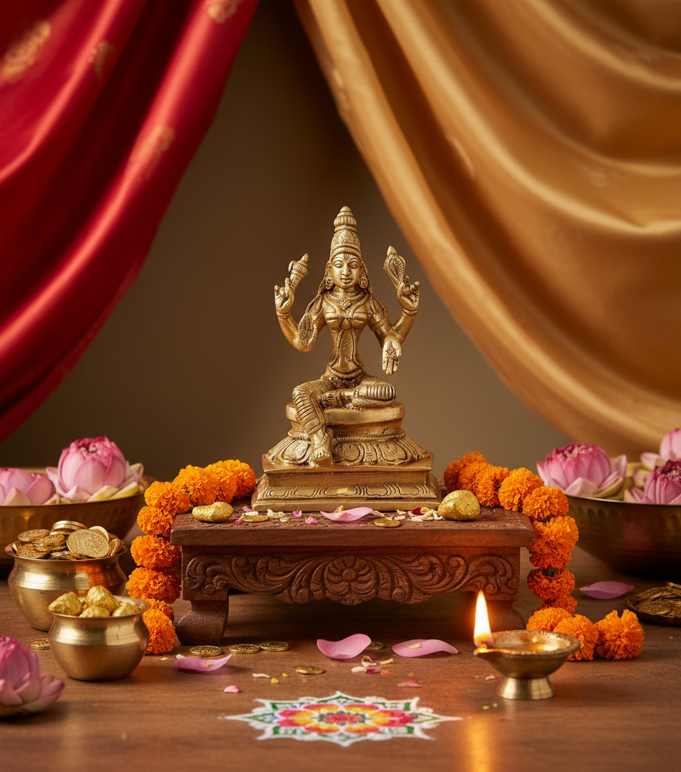 Goddess Lakshmi Brass Statue in Prosperity Setting