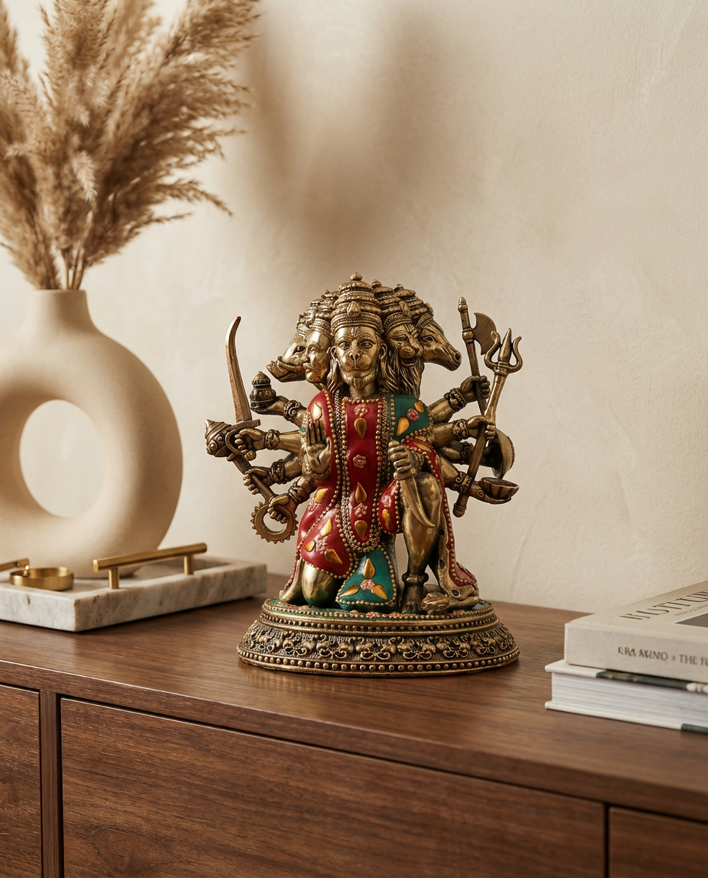 Panchmukhi Hanuman Brass Idol | 7 Inch Meenakari Stone Work Statue | Heavy Hanuman Murti (1.3 kg) | Hindu Pooja Decor | Spiritual Gift