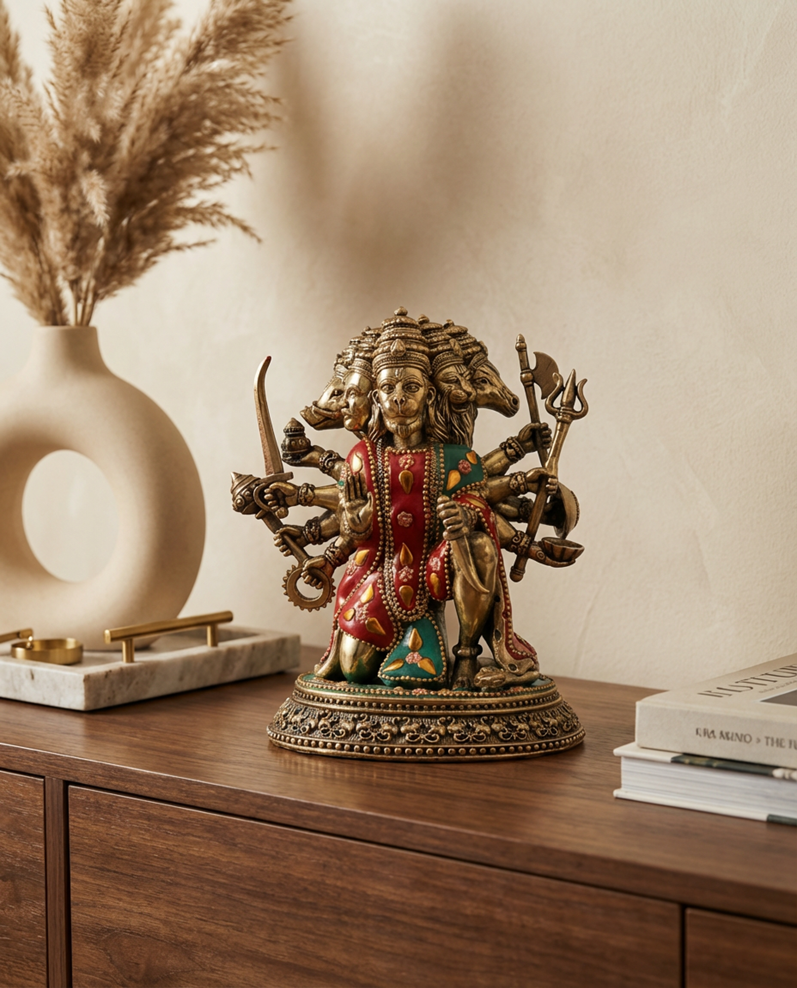 Panchmukhi Hanuman Brass Idol | 7 Inch Meenakari Stone Work Statue | Heavy Hanuman Murti (1.3 kg) | Hindu Pooja Decor | Spiritual Gift