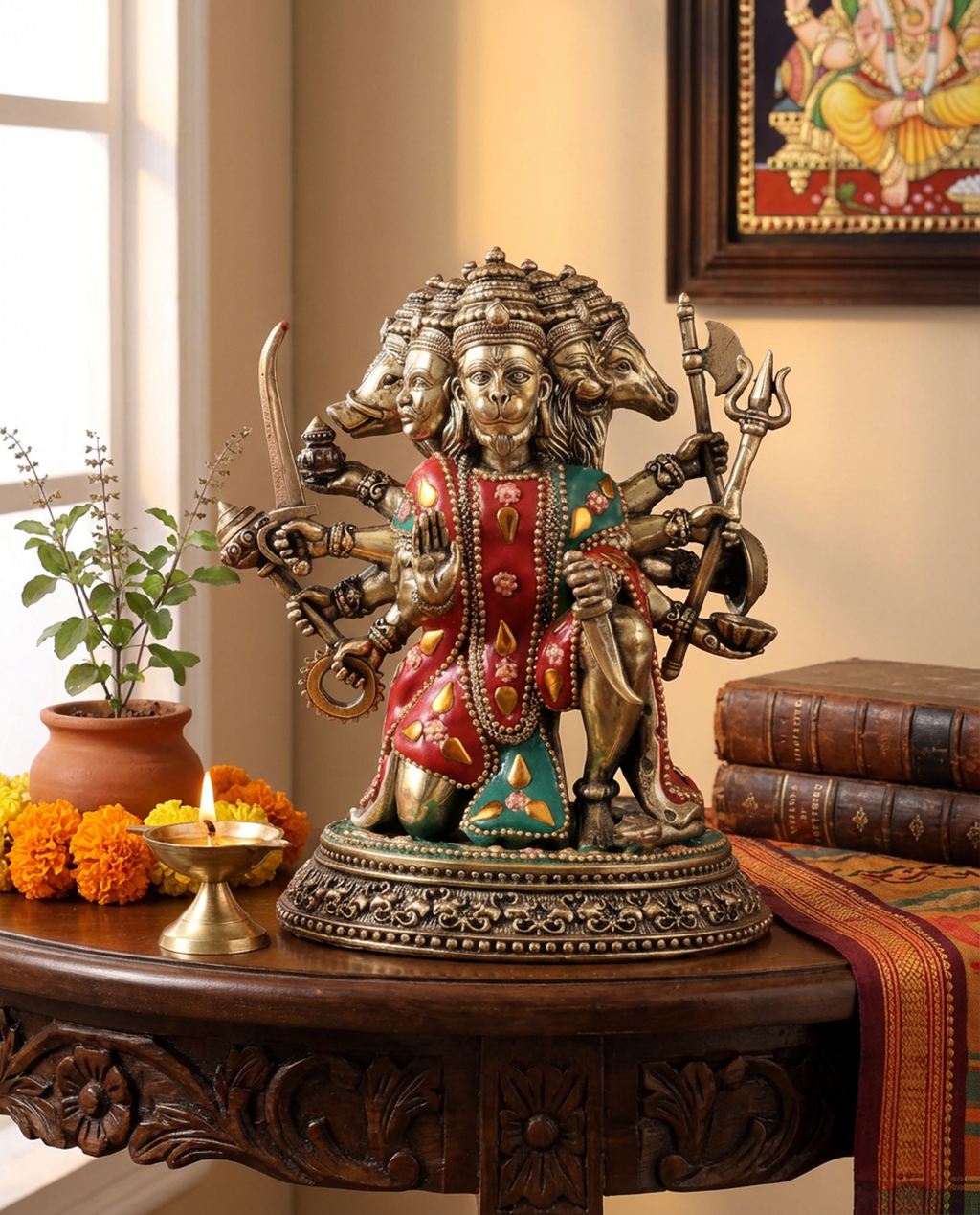 Panchmukhi Hanuman Brass Idol | 7 Inch Meenakari Stone Work Statue | Heavy Hanuman Murti (1.3 kg) | Hindu Pooja Decor | Spiritual Gift