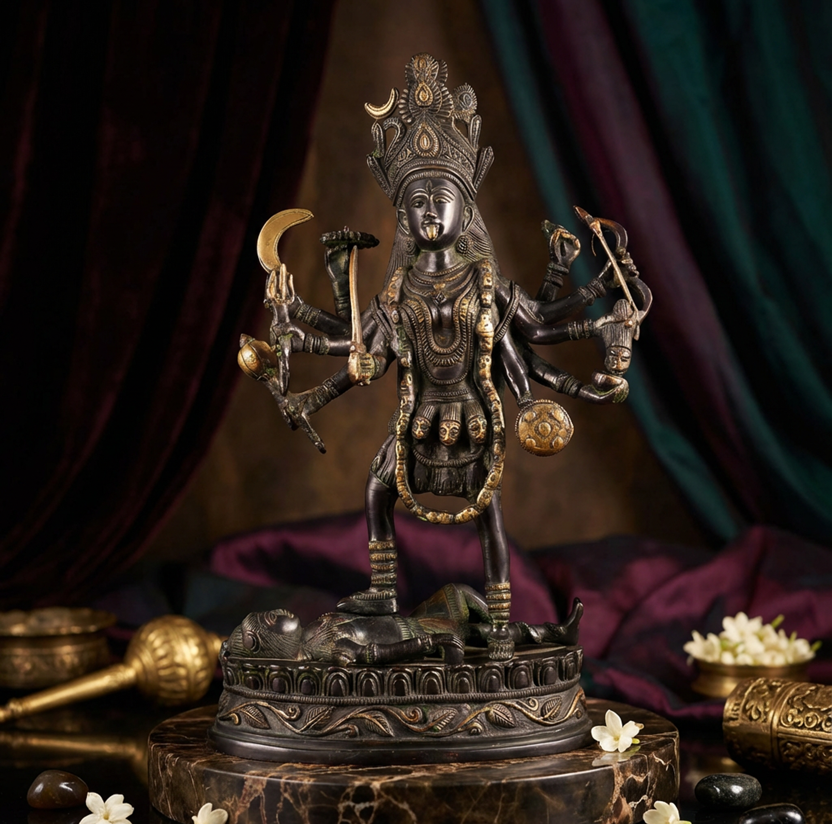 Kali Dashbhuja - 14 Inch Vintage Brass Idol - Handcrafted Hindu Home Decor