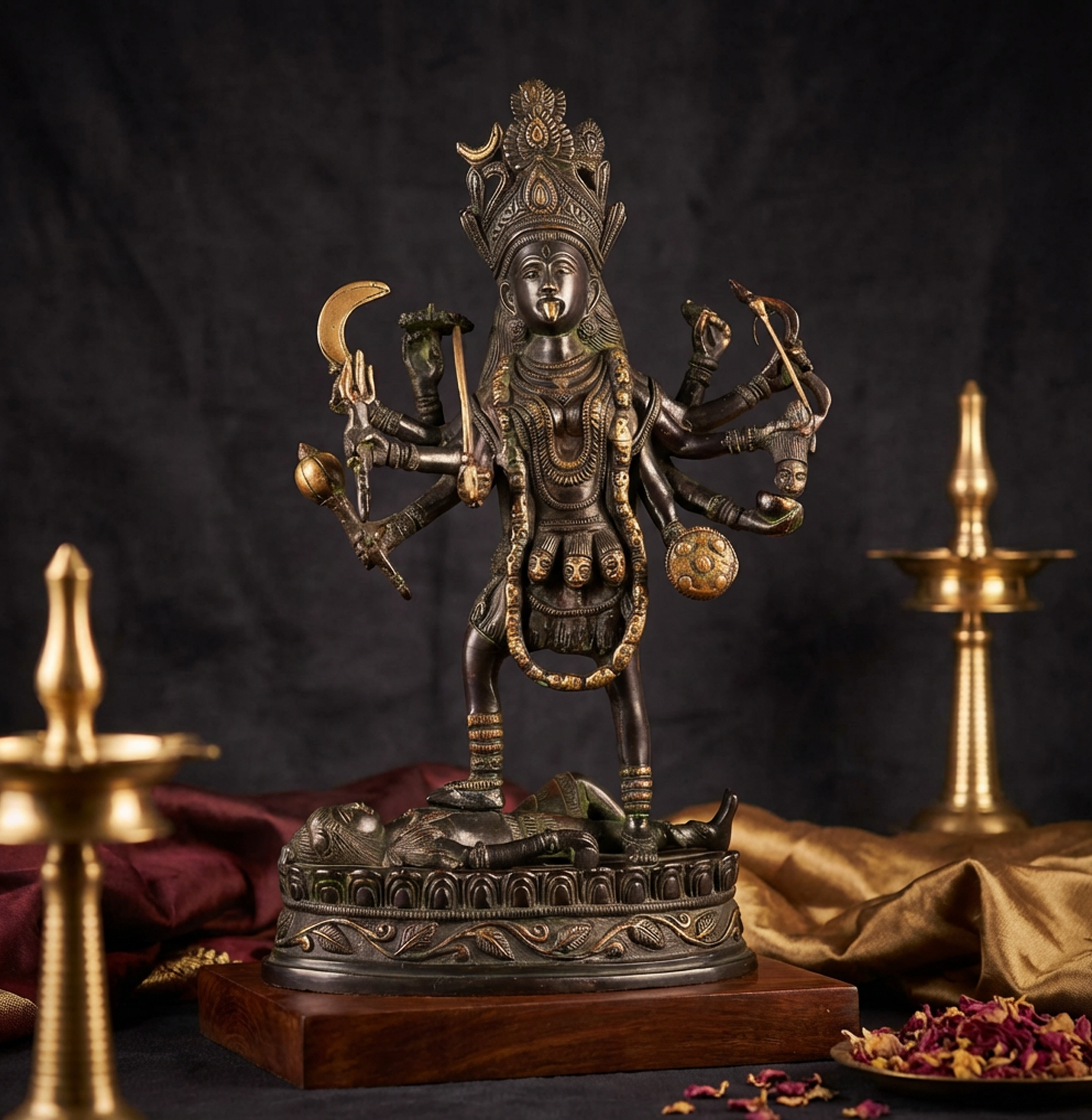 Kali Dashbhuja - 14 Inch Vintage Brass Idol - Handcrafted Hindu Home Decor