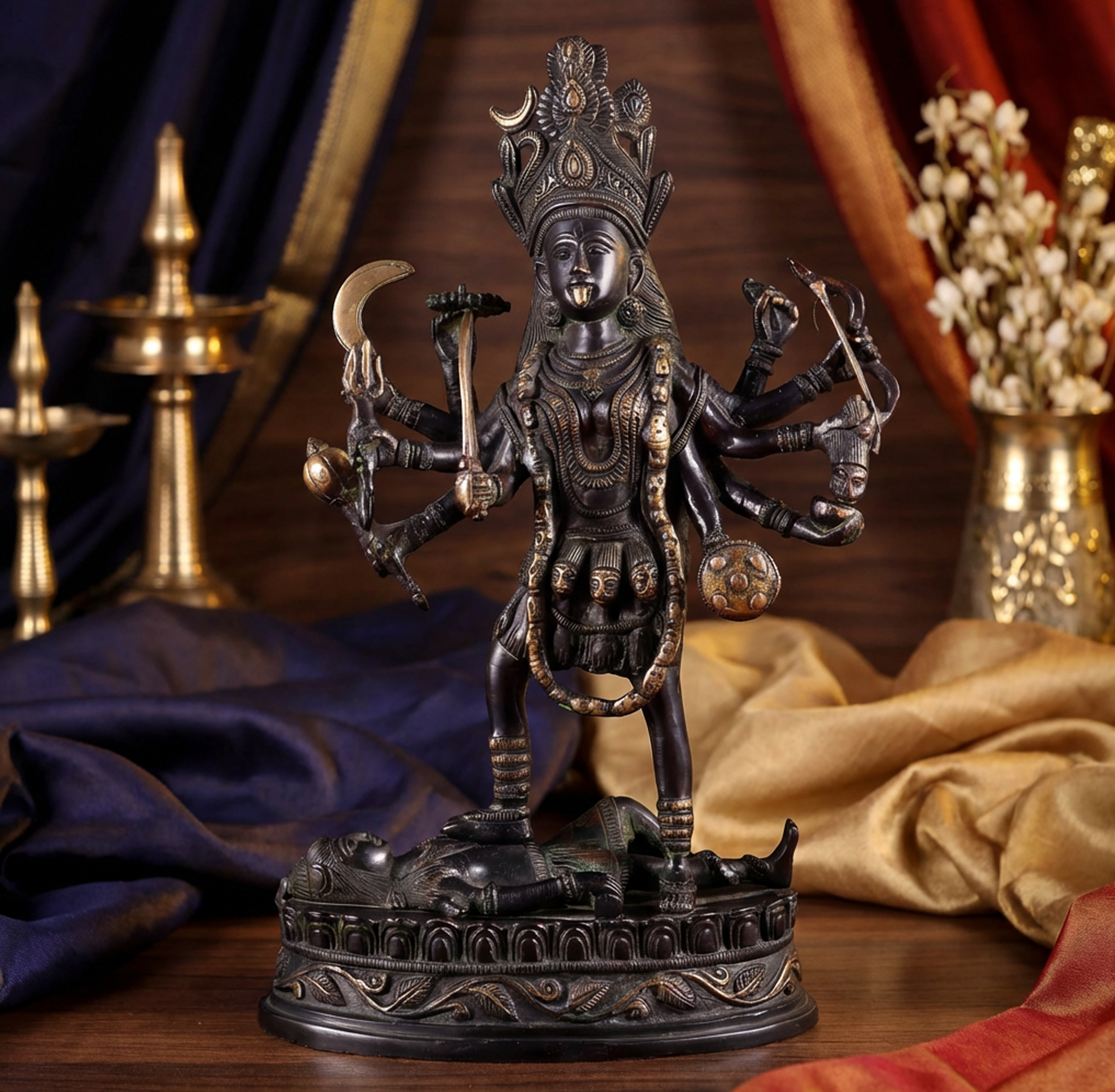 Kali Dashbhuja - 14 Inch Vintage Brass Idol - Handcrafted Hindu Home Decor