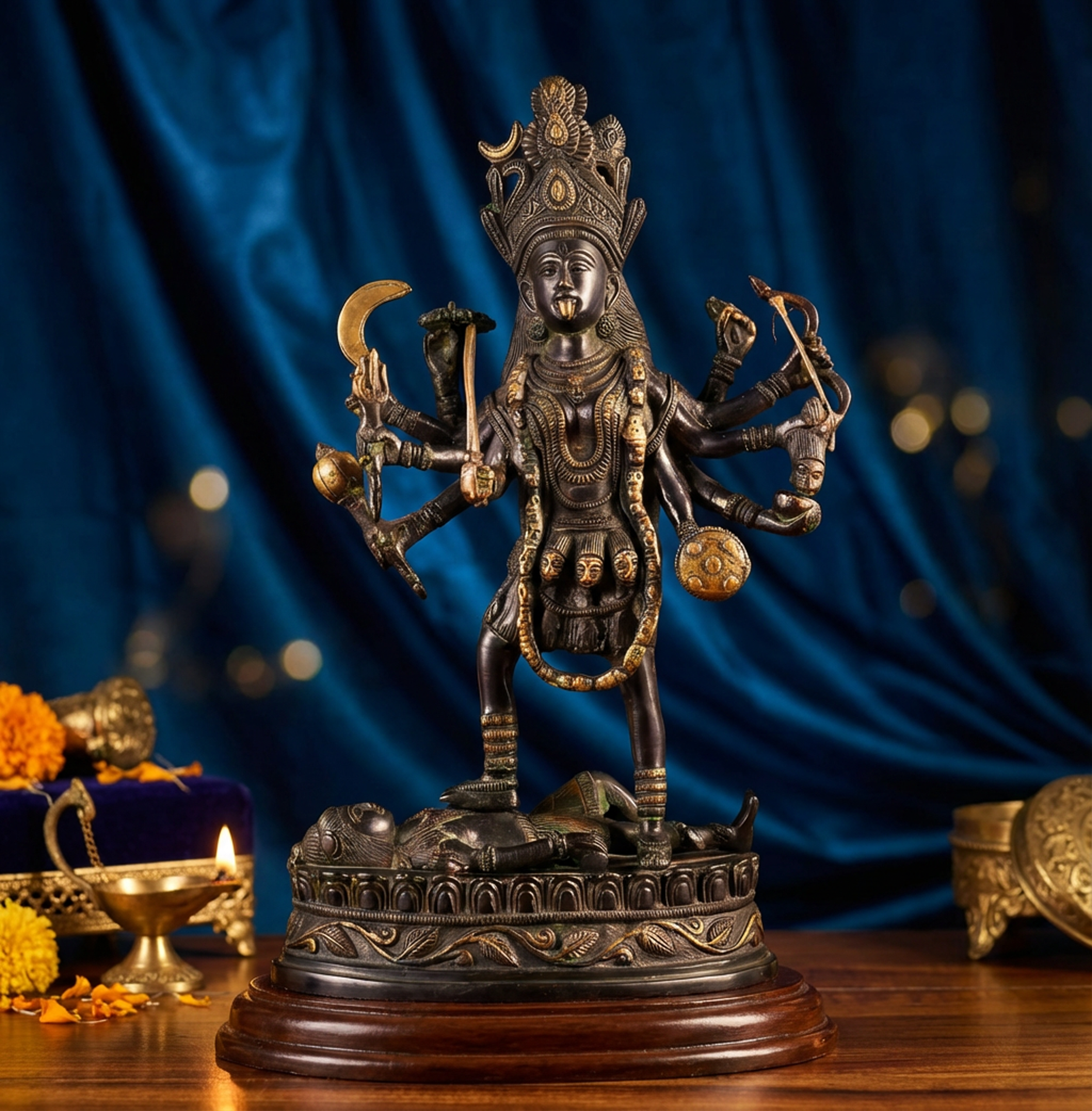 Kali Dashbhuja - 14 Inch Vintage Brass Idol - Handcrafted Hindu Home Decor