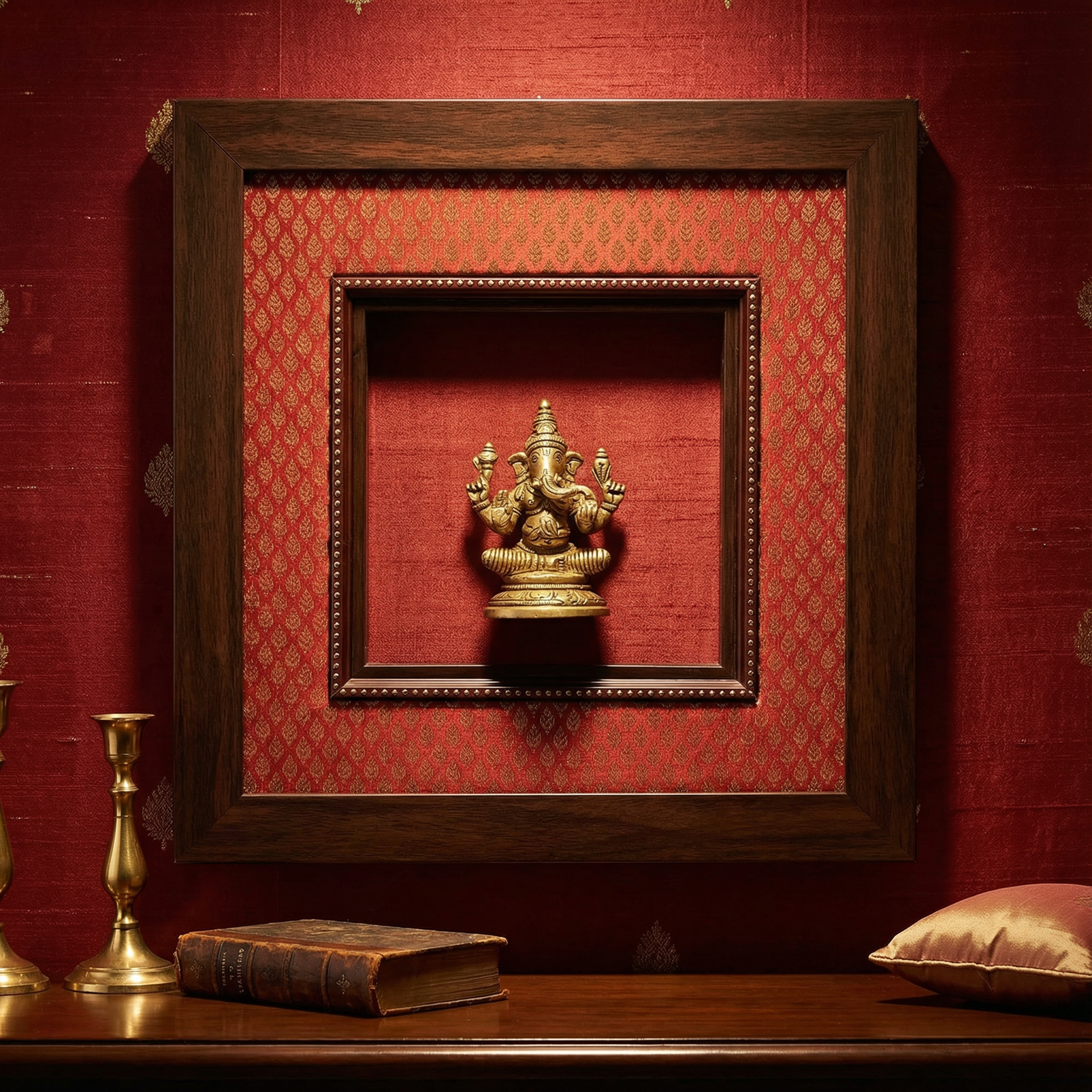 Ganesha Brass Idol Frame | Red Silk & Golden Banarasi Brocade | Luxury Indian Wall Decor | Handcrafted Spiritual Artwork