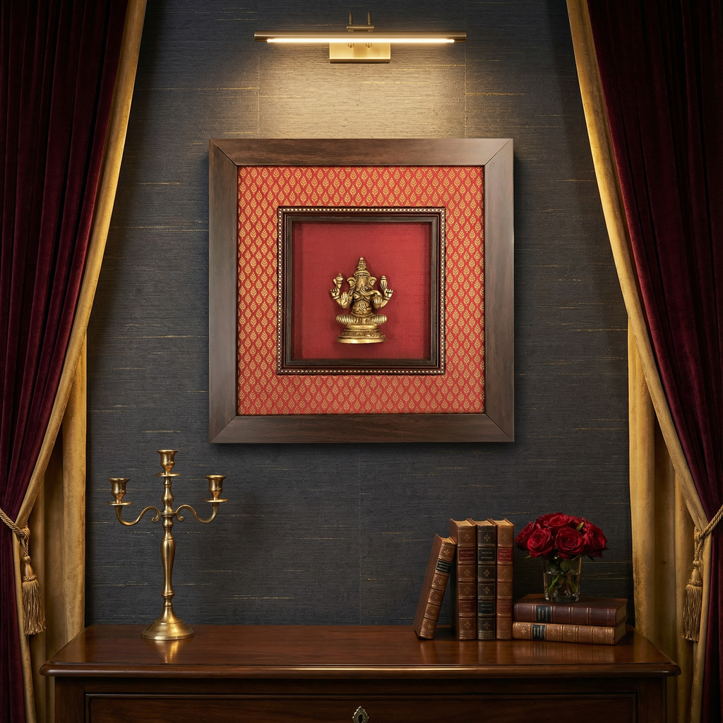 Ganesha Brass Idol Frame | Red Silk & Golden Banarasi Brocade | Luxury Indian Wall Decor | Handcrafted Spiritual Artwork