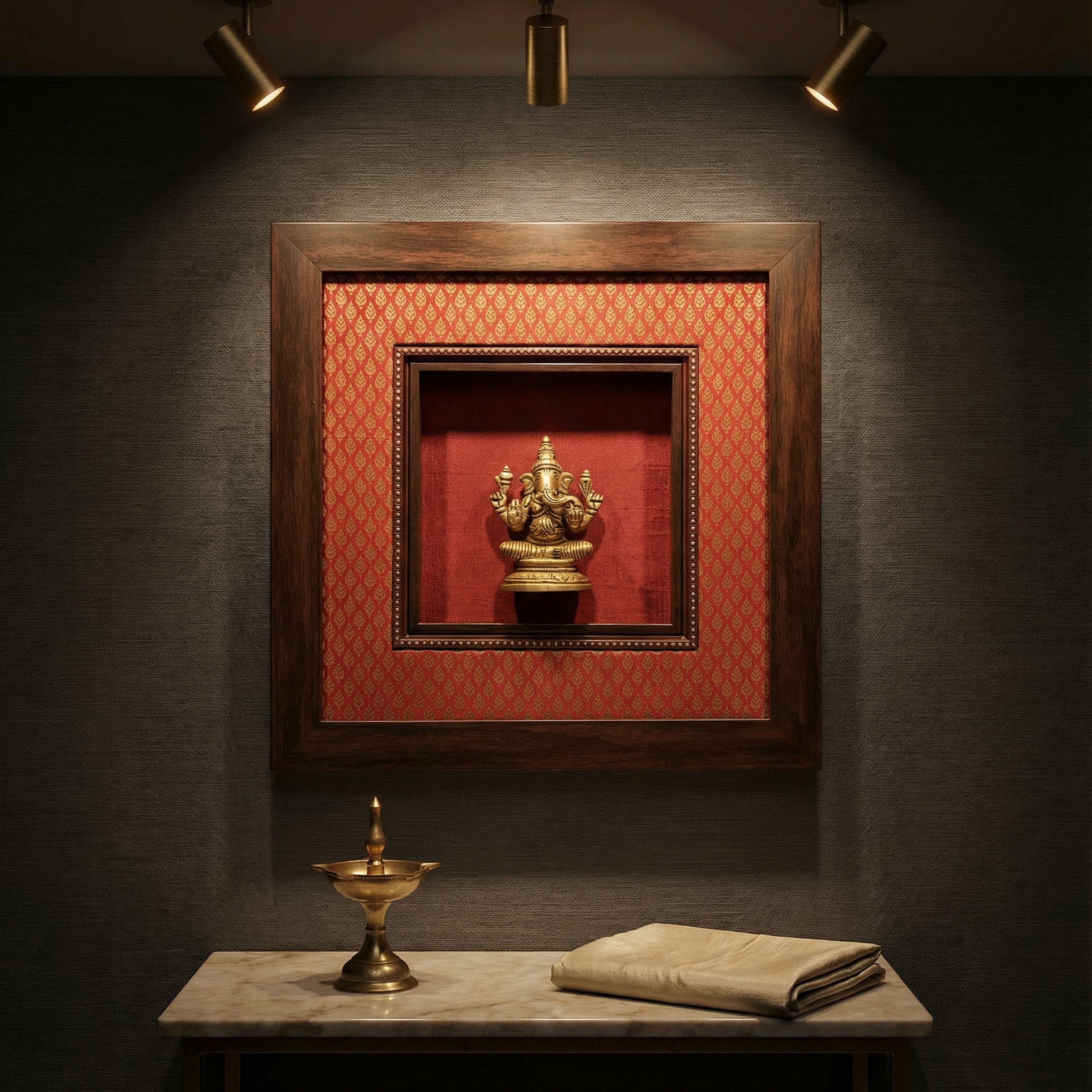 Ganesha Brass Idol Frame | Red Silk & Golden Banarasi Brocade | Luxury Indian Wall Decor | Handcrafted Spiritual Artwork