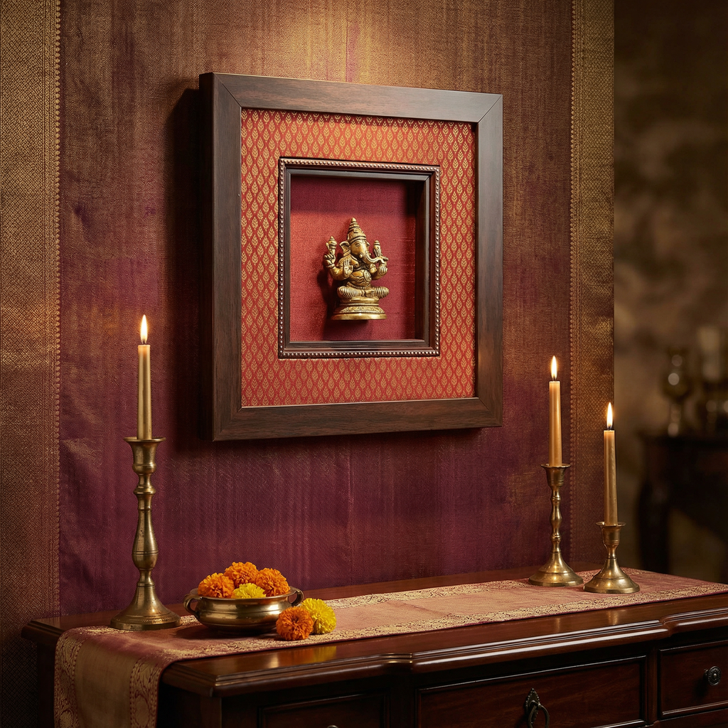 Ganesha Brass Idol Frame | Red Silk & Golden Banarasi Brocade | Luxury Indian Wall Decor | Handcrafted Spiritual Artwork