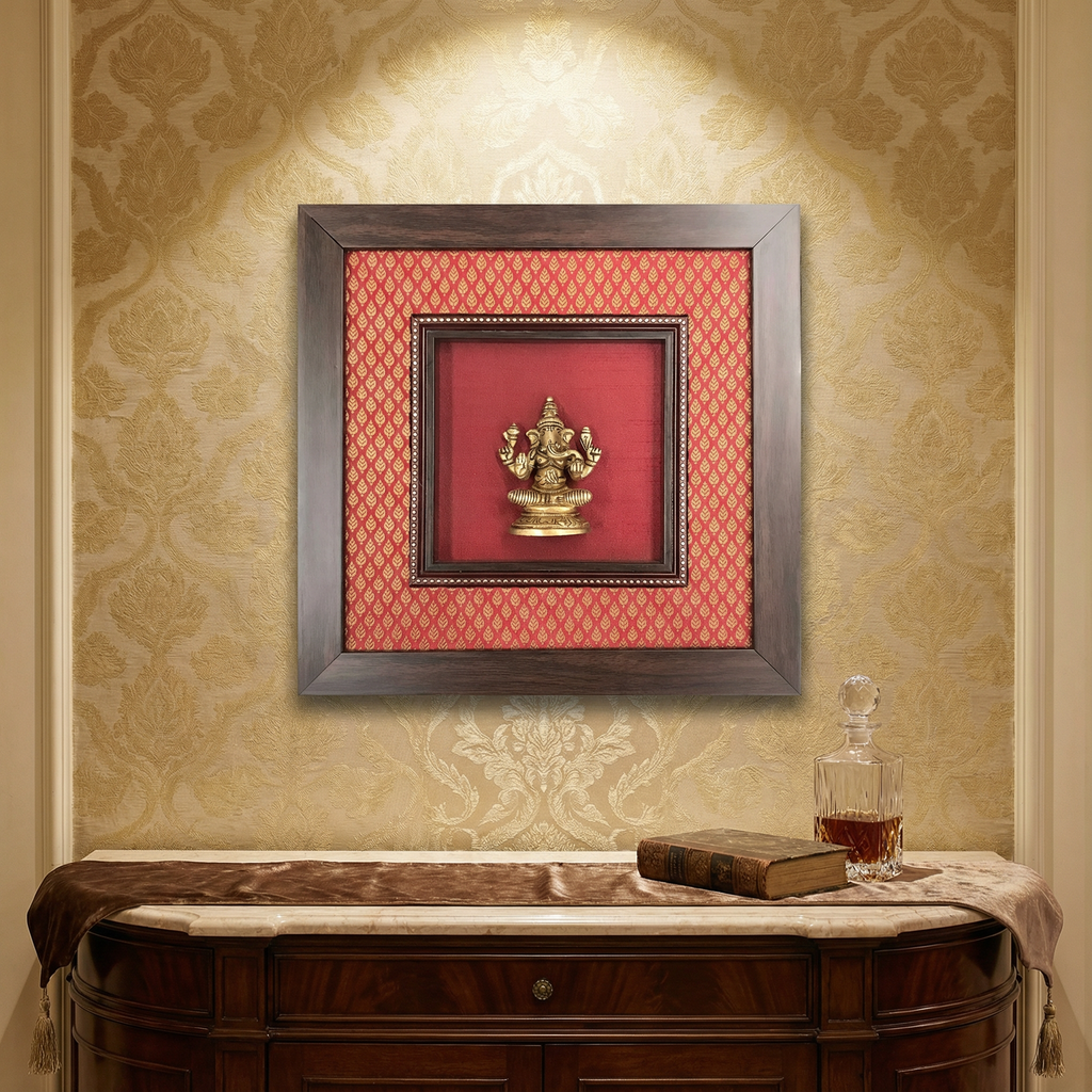 Ganesha Brass Idol Frame | Red Silk & Golden Banarasi Brocade | Luxury Indian Wall Decor | Handcrafted Spiritual Artwork