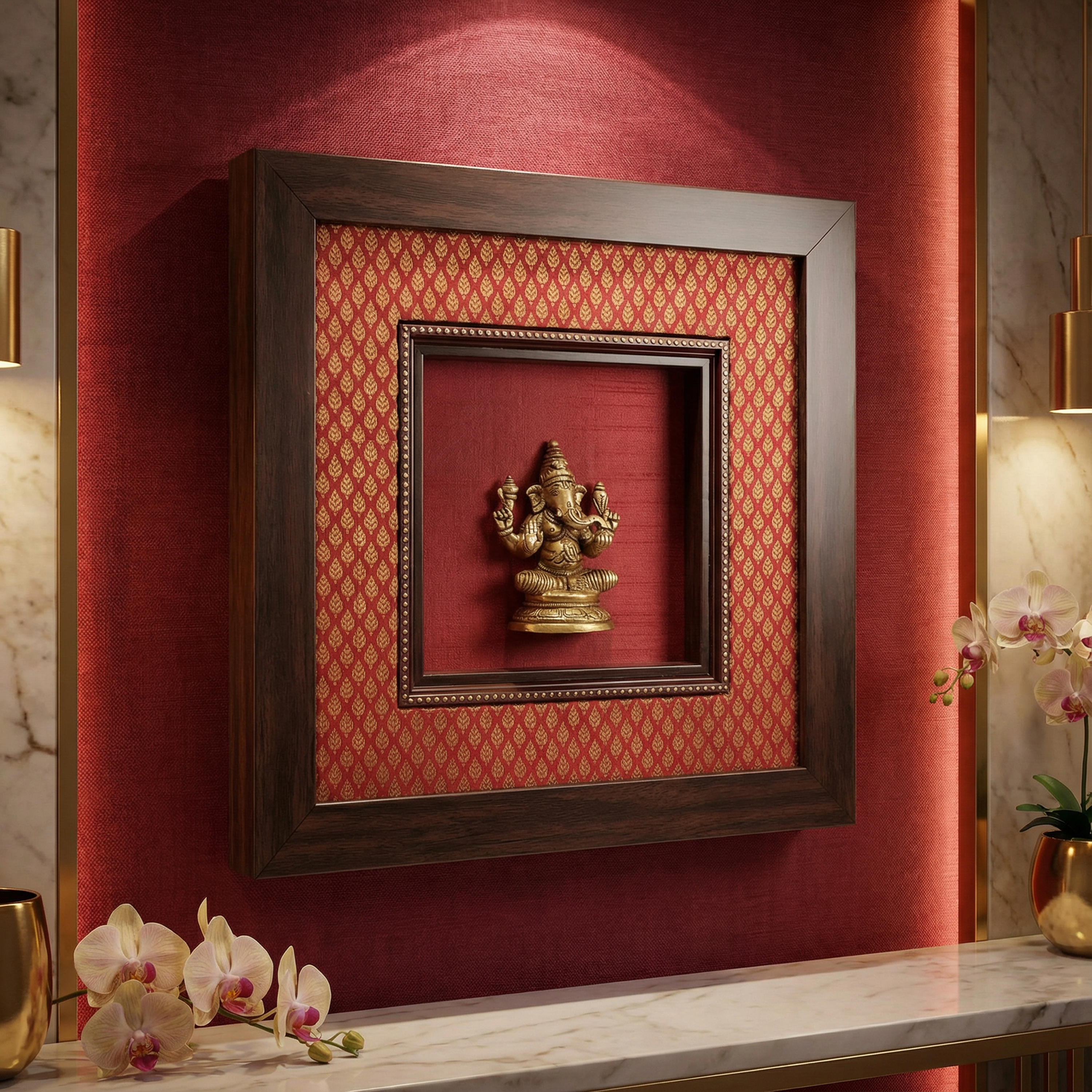 Ganesha Brass Idol Frame | Red Silk & Golden Banarasi Brocade | Luxury Indian Wall Decor | Handcrafted Spiritual Artwork